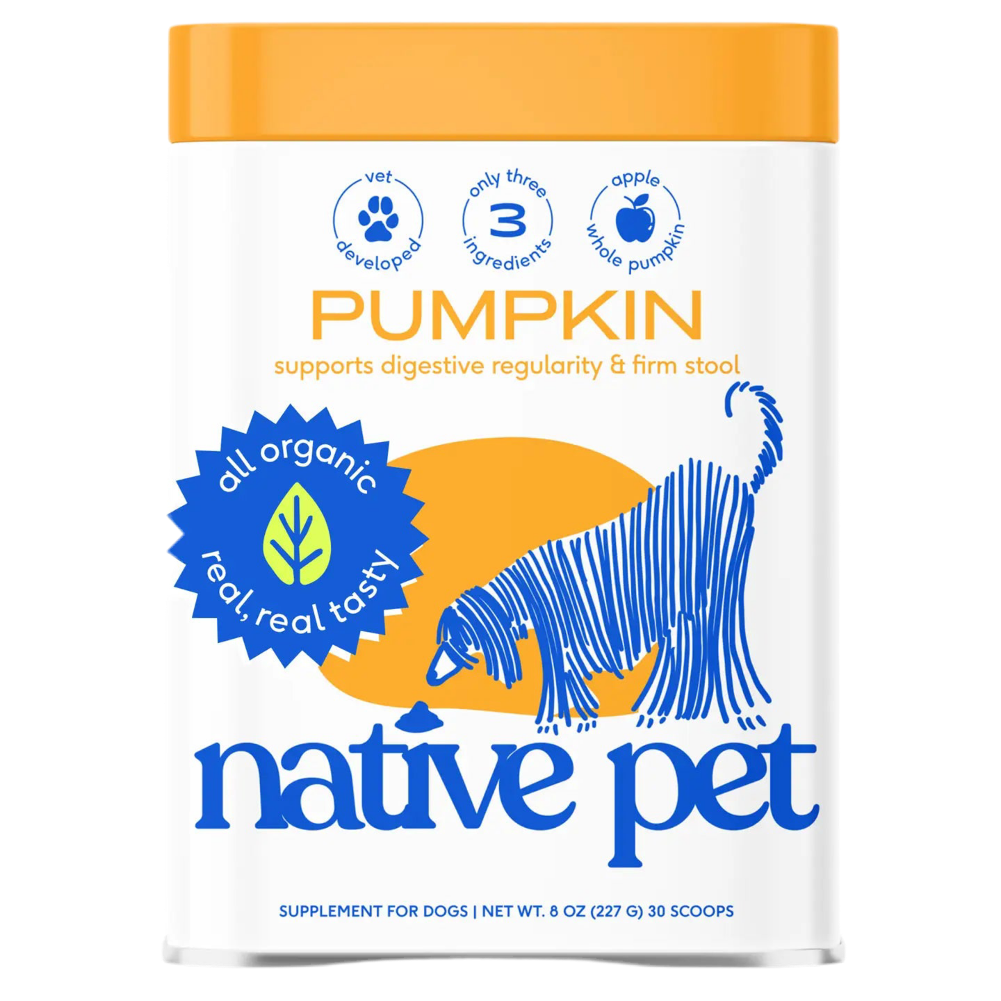 Native Pet pumpkin supplement powder for dogs and cats sold at The Barkery Las Vegas natural digestive support formula.
