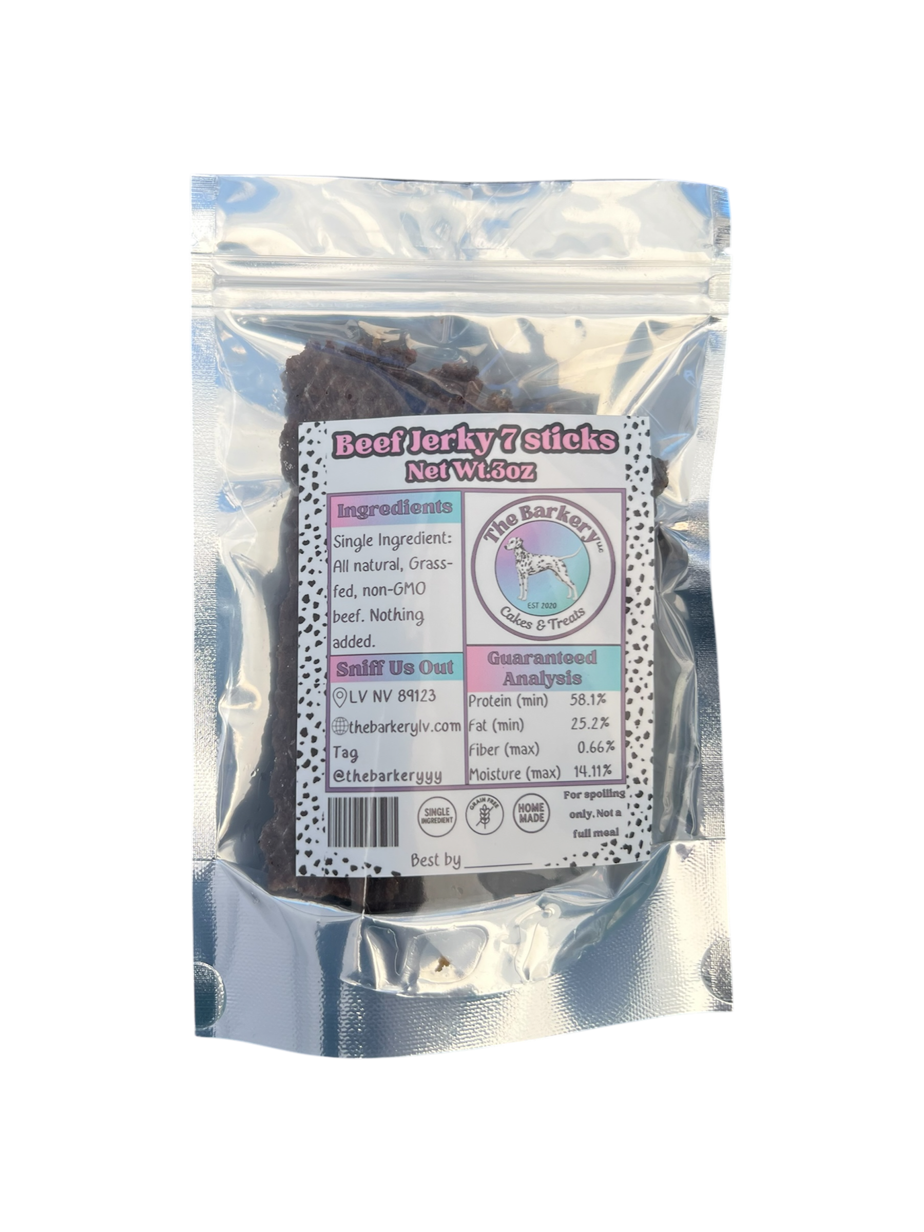 Single ingredient dehydrated beef jerky dog treats in a resealable bag