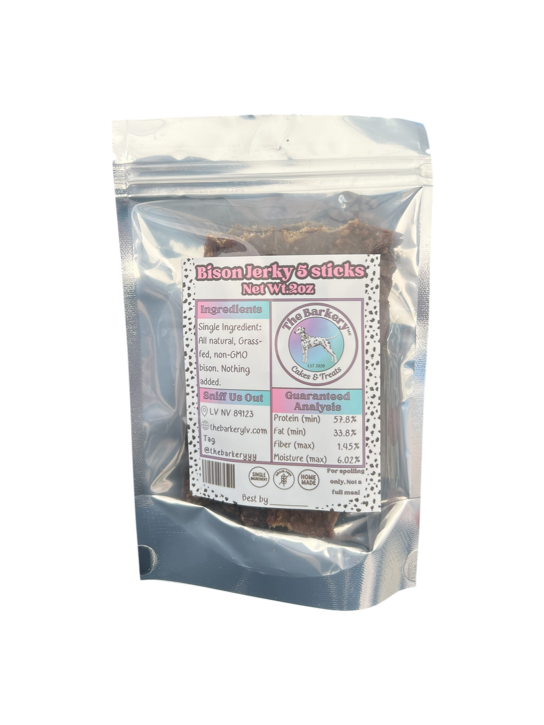 Single ingredient dehydrated bison jerky dog treats in a resealable bag