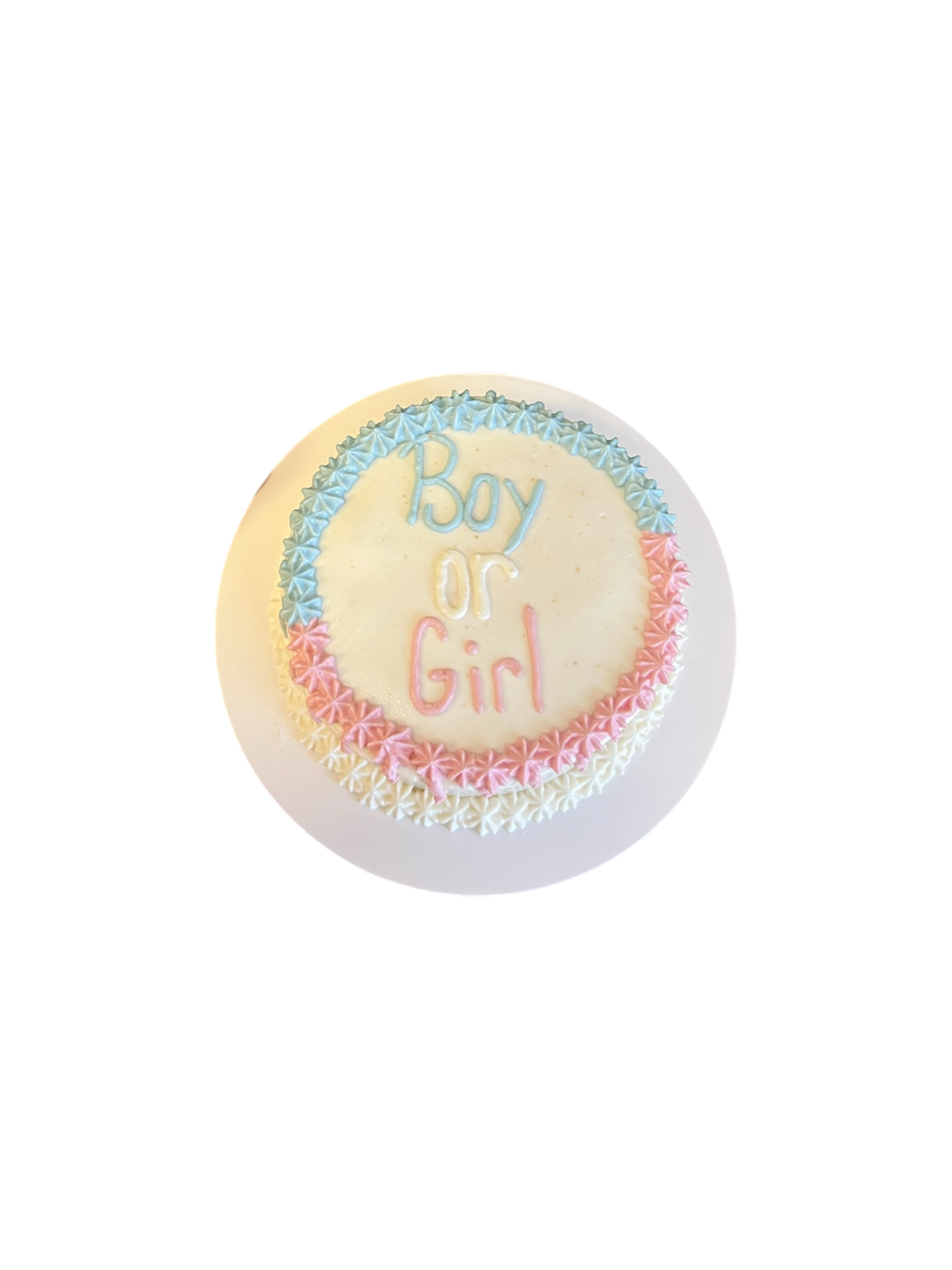 Pastel gender reveal dog cake with frosting drip and Boy or Girl message