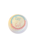 Pastel gender reveal dog cake with frosting drip and Boy or Girl message