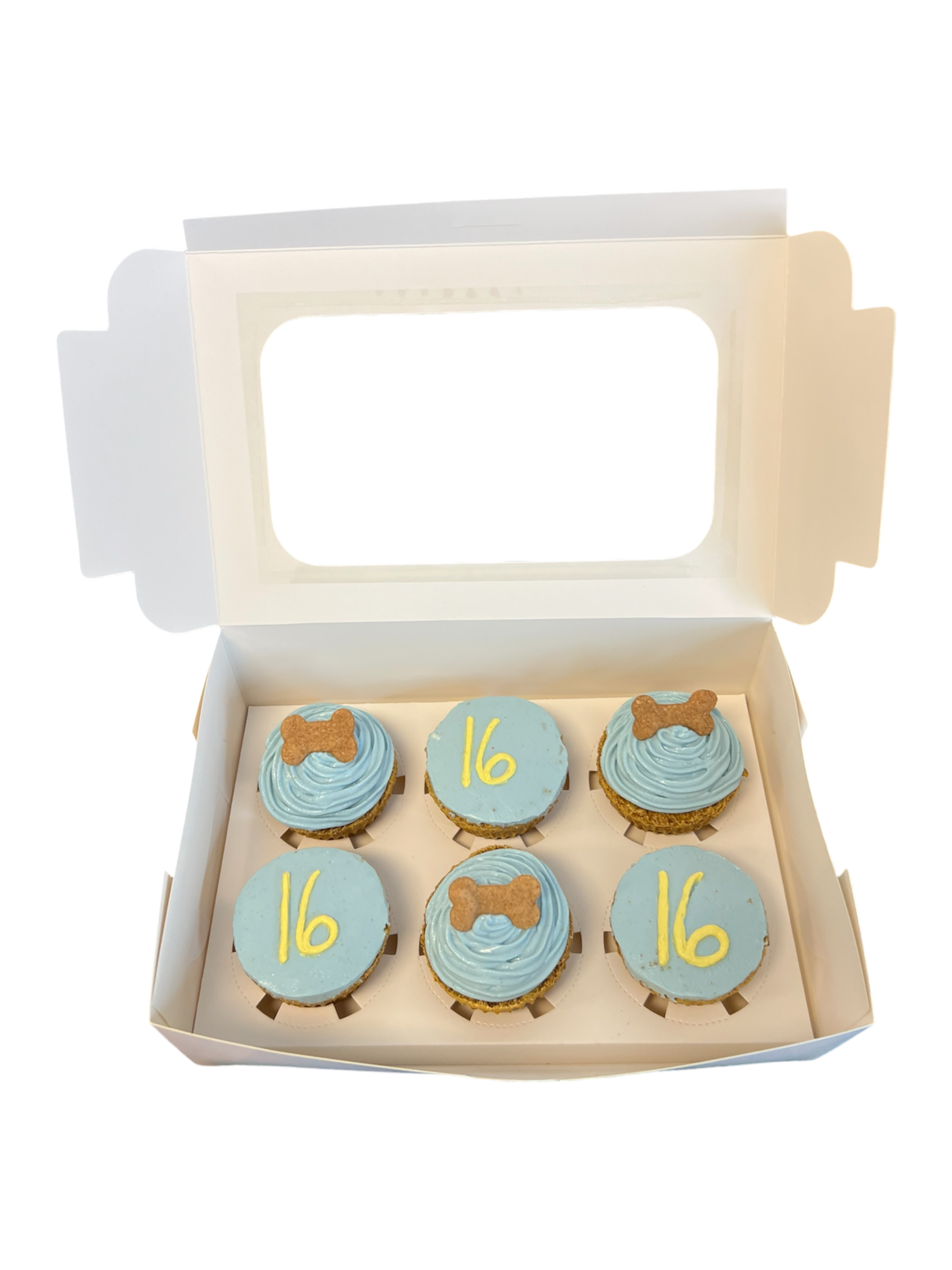 Dog cupcakes with optional custom number decoration in a bakery box