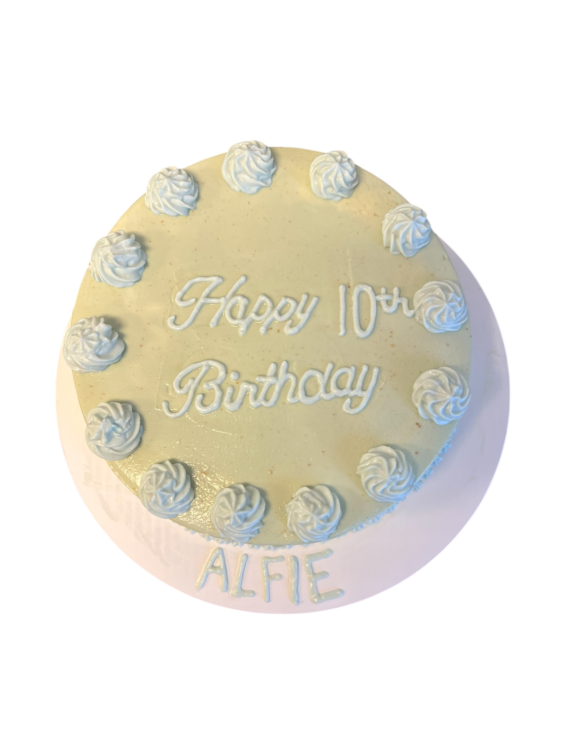 Customizable dog birthday cake with piped frosting and editable name