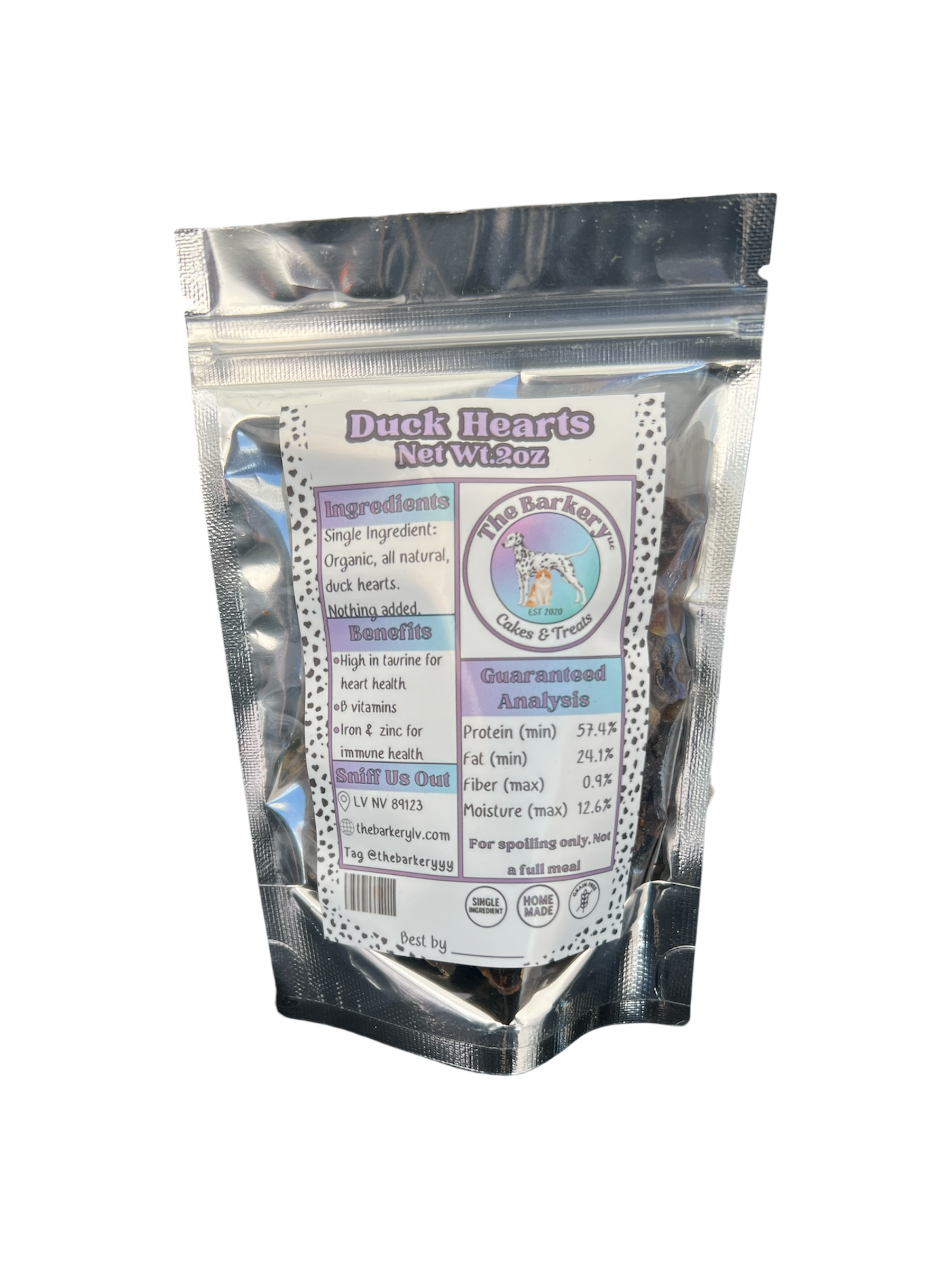 Single ingredient dehydrated duck hearts dog treats in a resealable 2 ounce bag