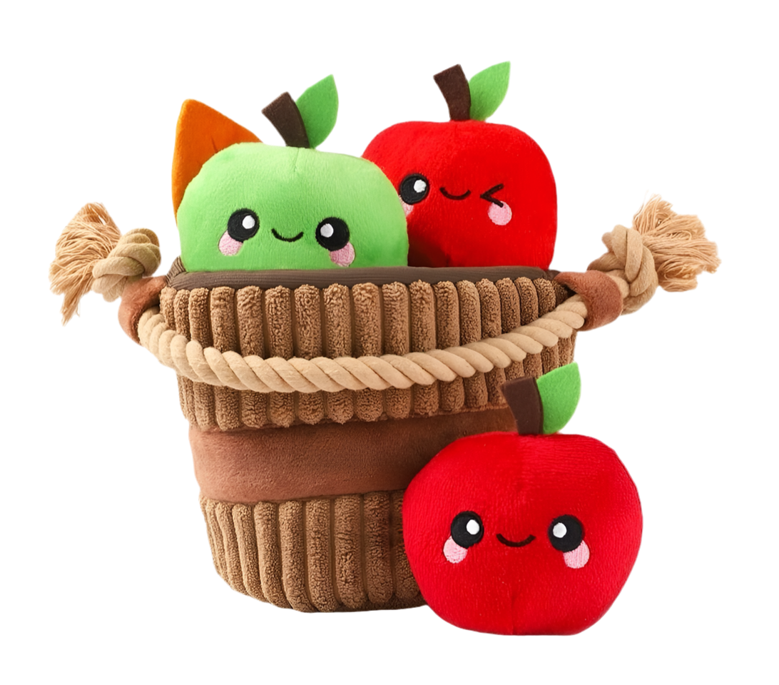 Apple Basket Dog Toy with Squeaky Apples & Rope Handle