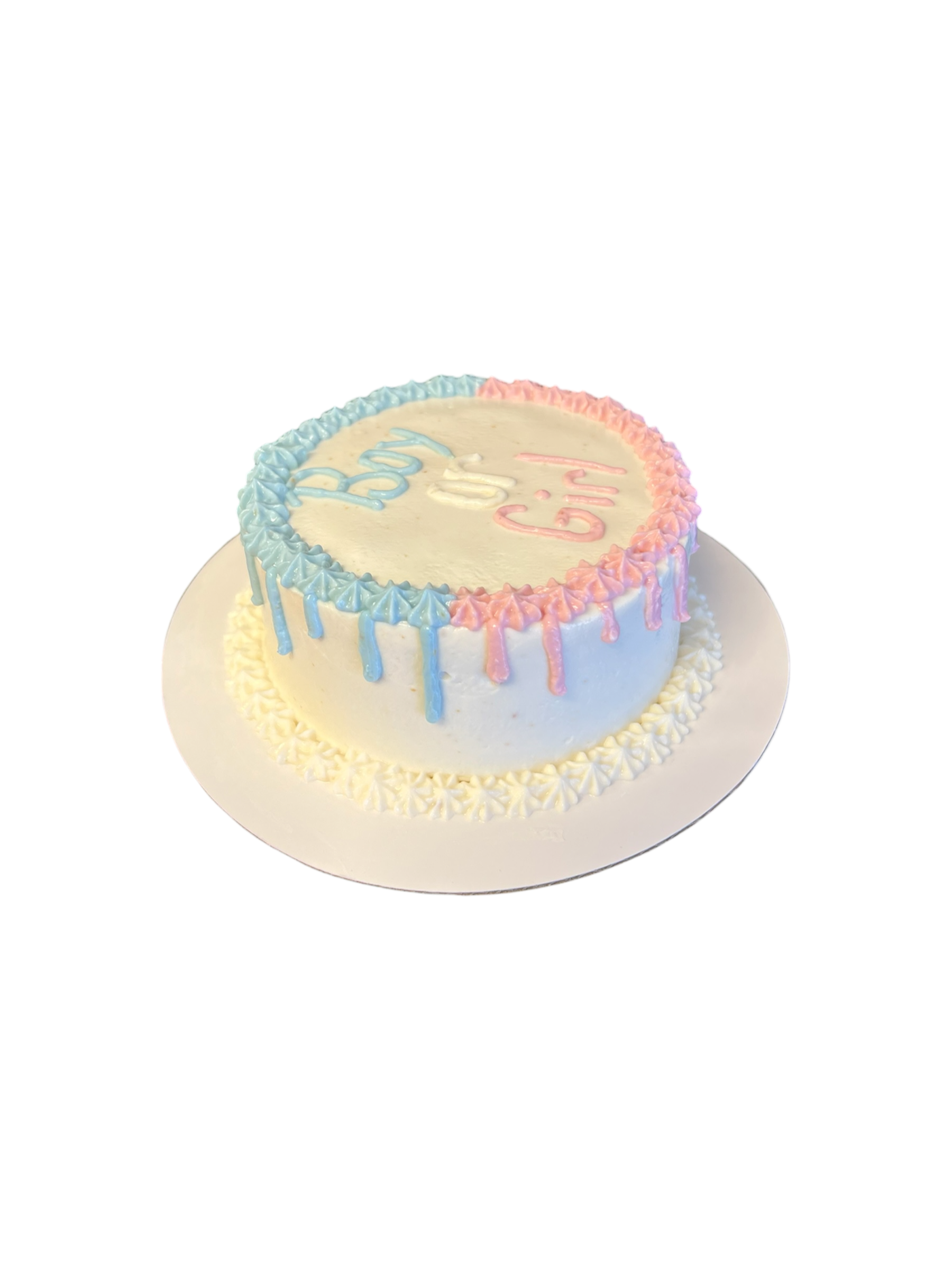 Pastel gender reveal dog cake with frosting drip and Boy or Girl message