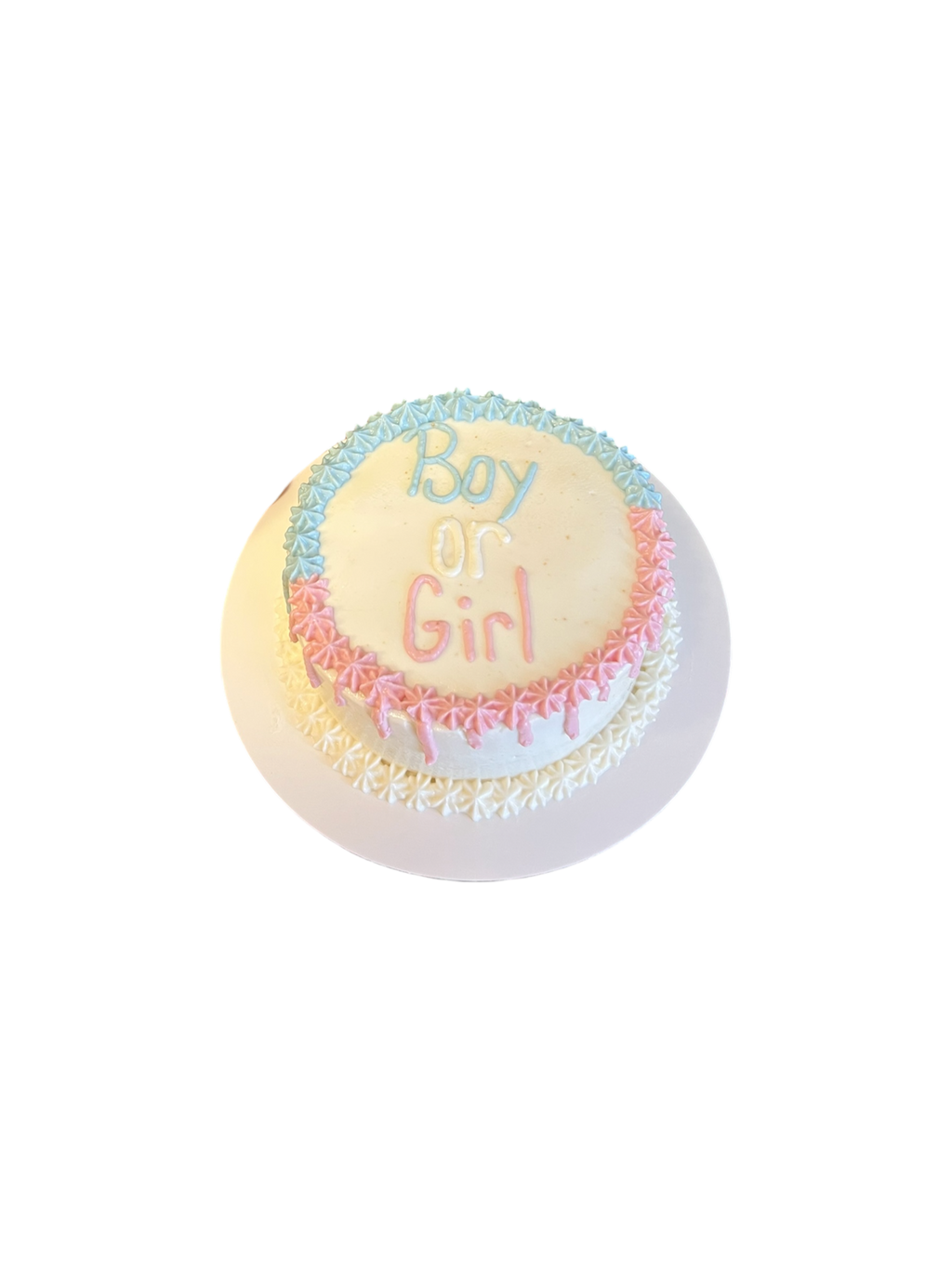 Pastel gender reveal dog cake with frosting drip and Boy or Girl message