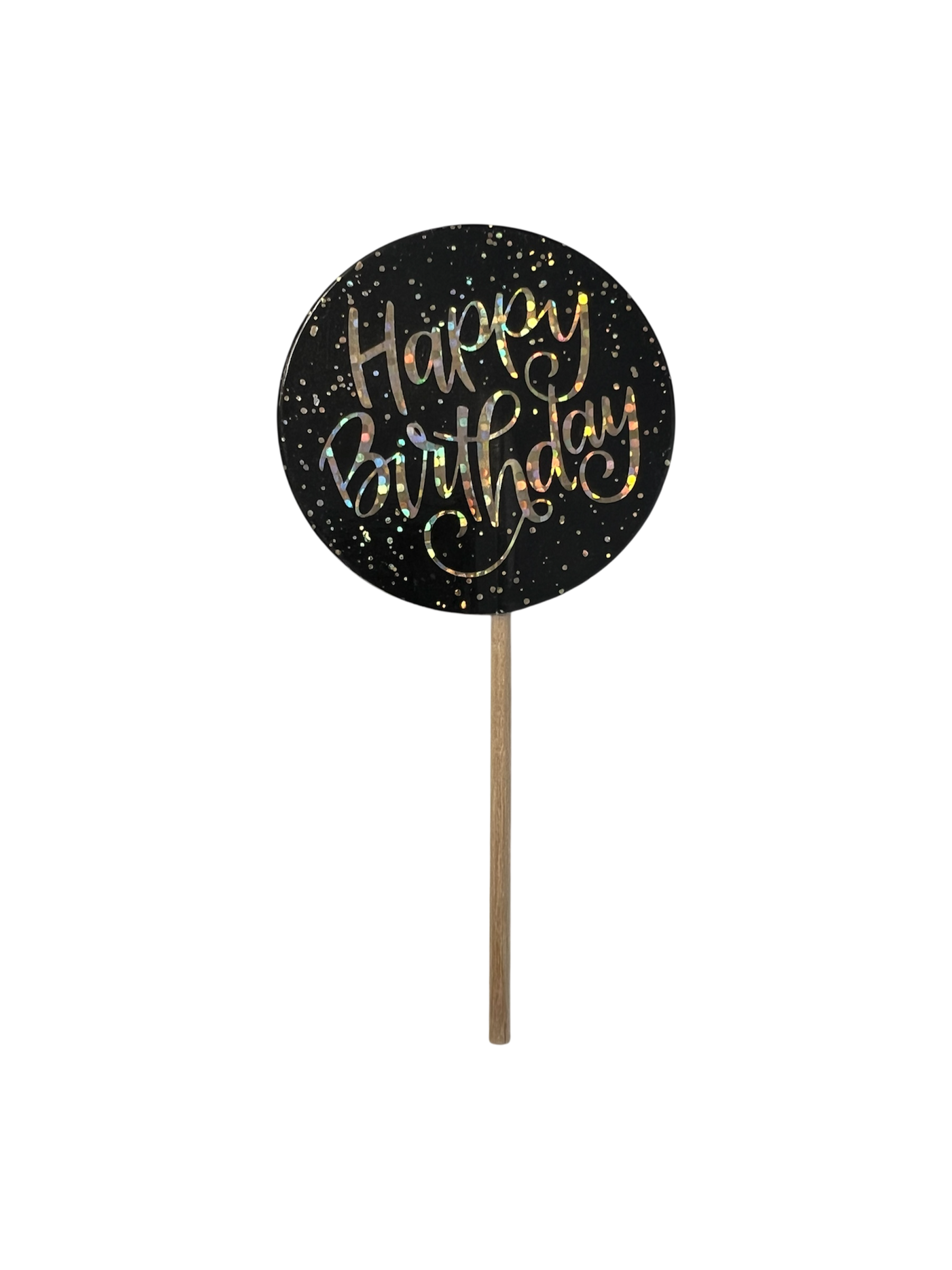 Round black Happy Birthday cake topper with gold lettering for dog and cat cakes from The Barkery Las Vegas.