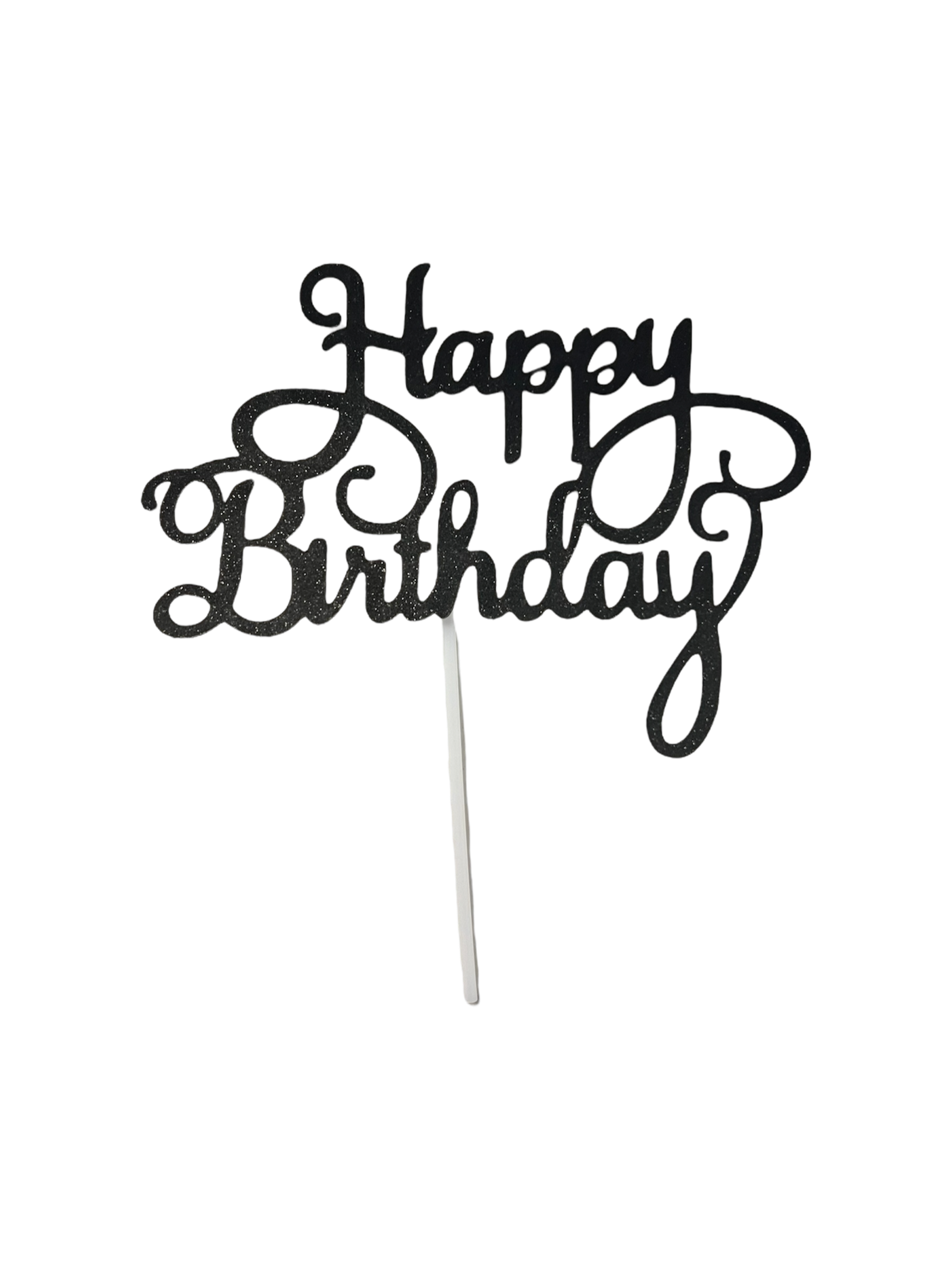 Black glitter happy birthday cake topper for dog or cat cakes from The Barkery Las Vegas.