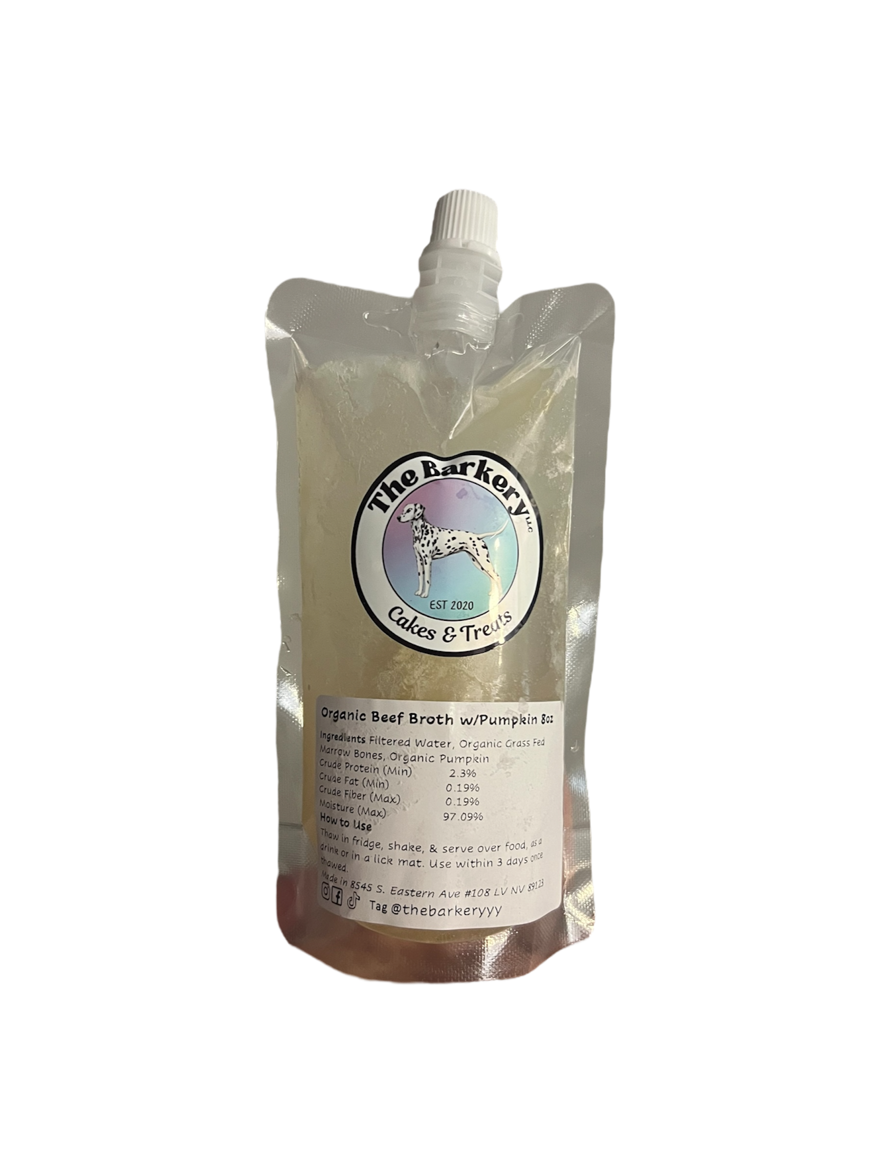 Beef bone broth with pumpkin for dogs and cats from The Barkery Las Vegas natural digestive support topper.