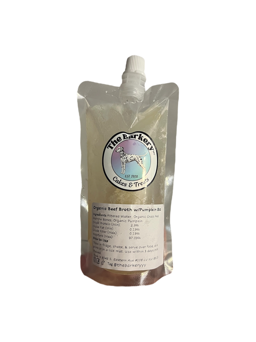 Beef bone broth with pumpkin for dogs and cats from The Barkery Las Vegas natural digestive support topper.