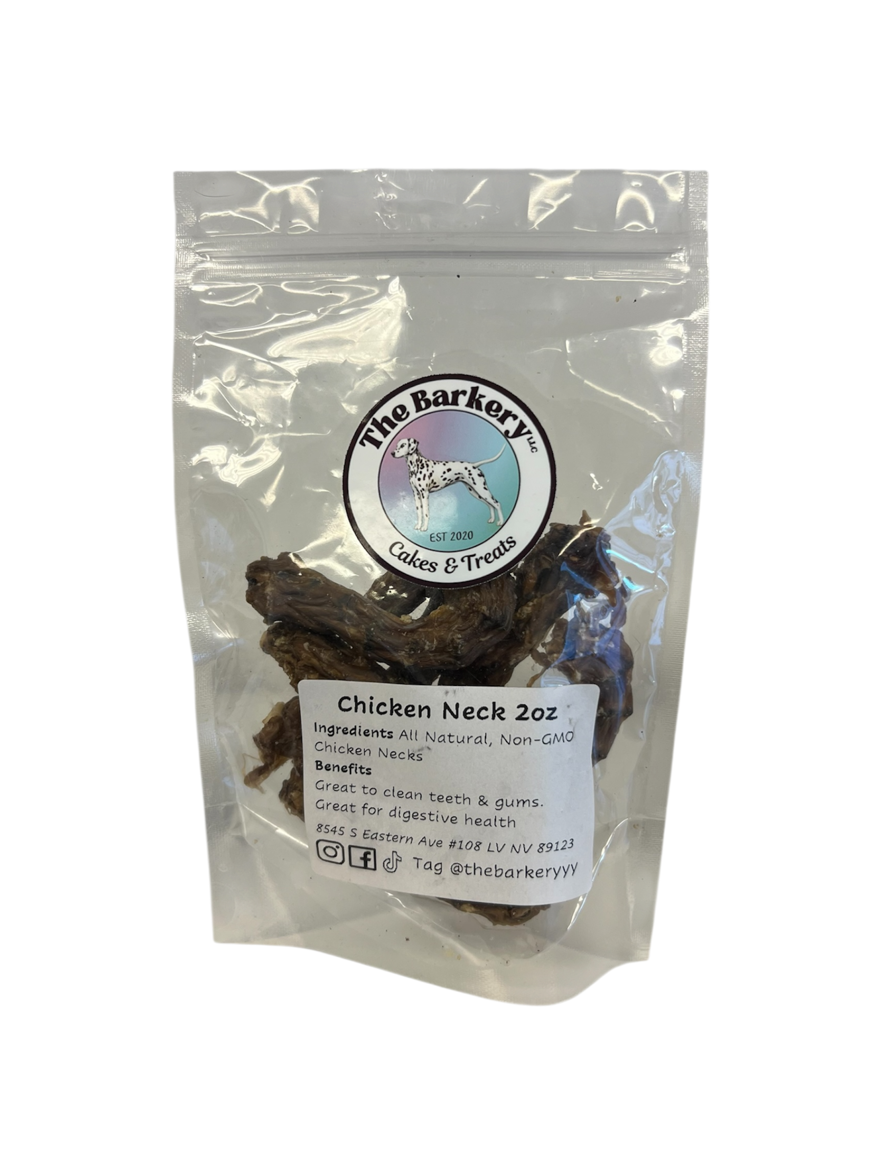 Dehydrated chicken necks for dogs from The Barkery Las Vegas natural single-ingredient crunchy chew treat.