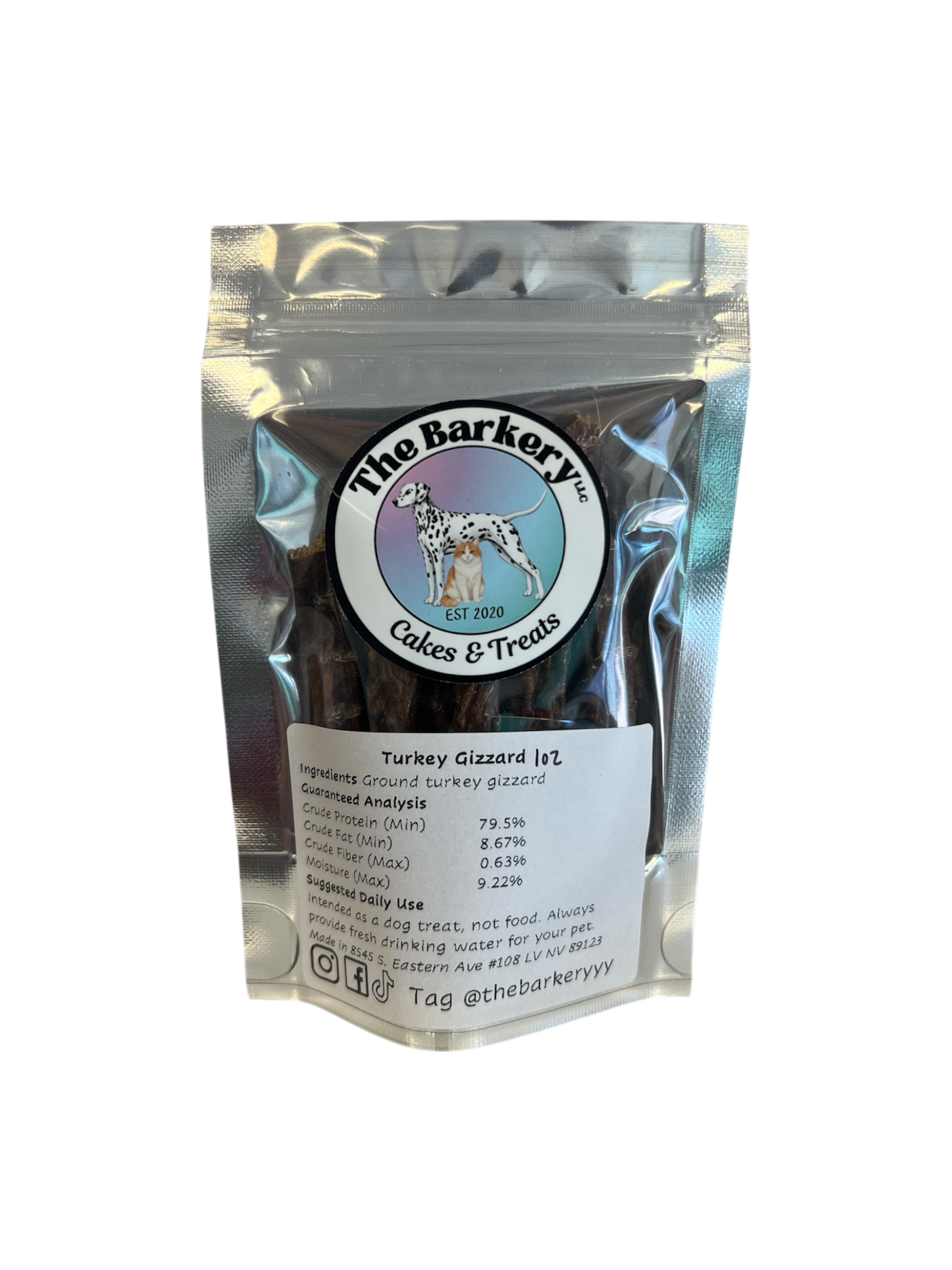 Dehydrated turkey gizzards for dogs and cats in 1 ounce bag from The Barkery Las Vegas natural single-ingredient treat.