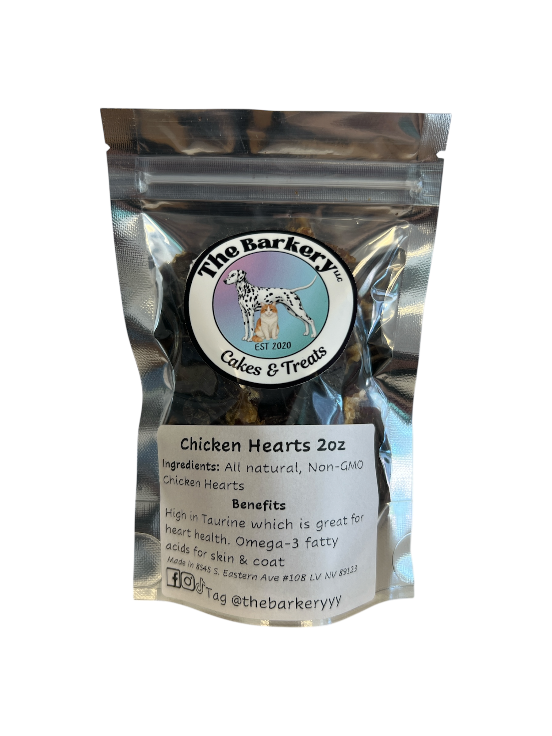 Dehydrated chicken hearts for dogs and cats in 2 ounce bag from The Barkery Las Vegas natural single-ingredient treat.