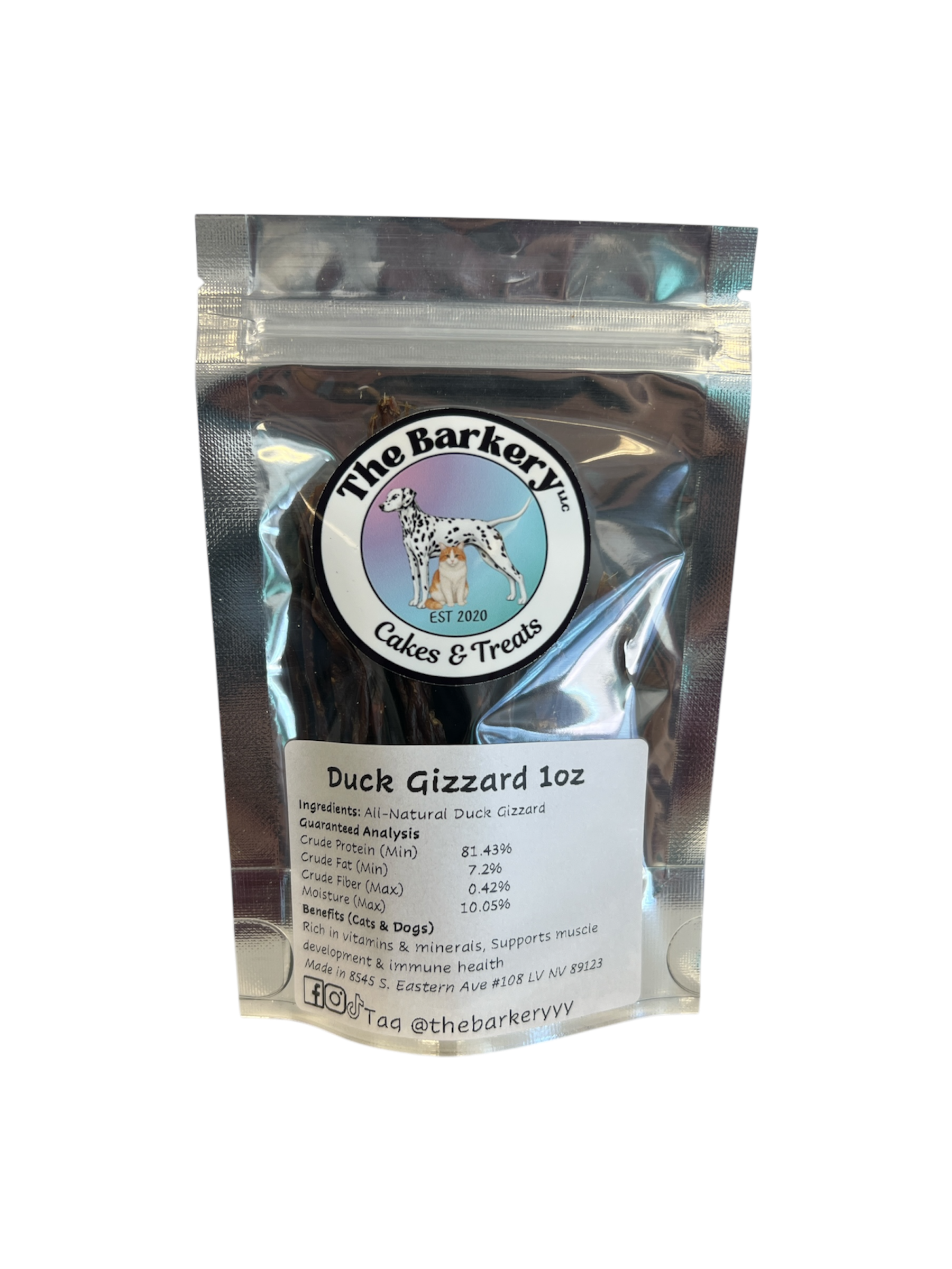 Dehydrated duck gizzards for dogs and cats in 1 ounce bag from The Barkery Las Vegas natural single-ingredient treat.