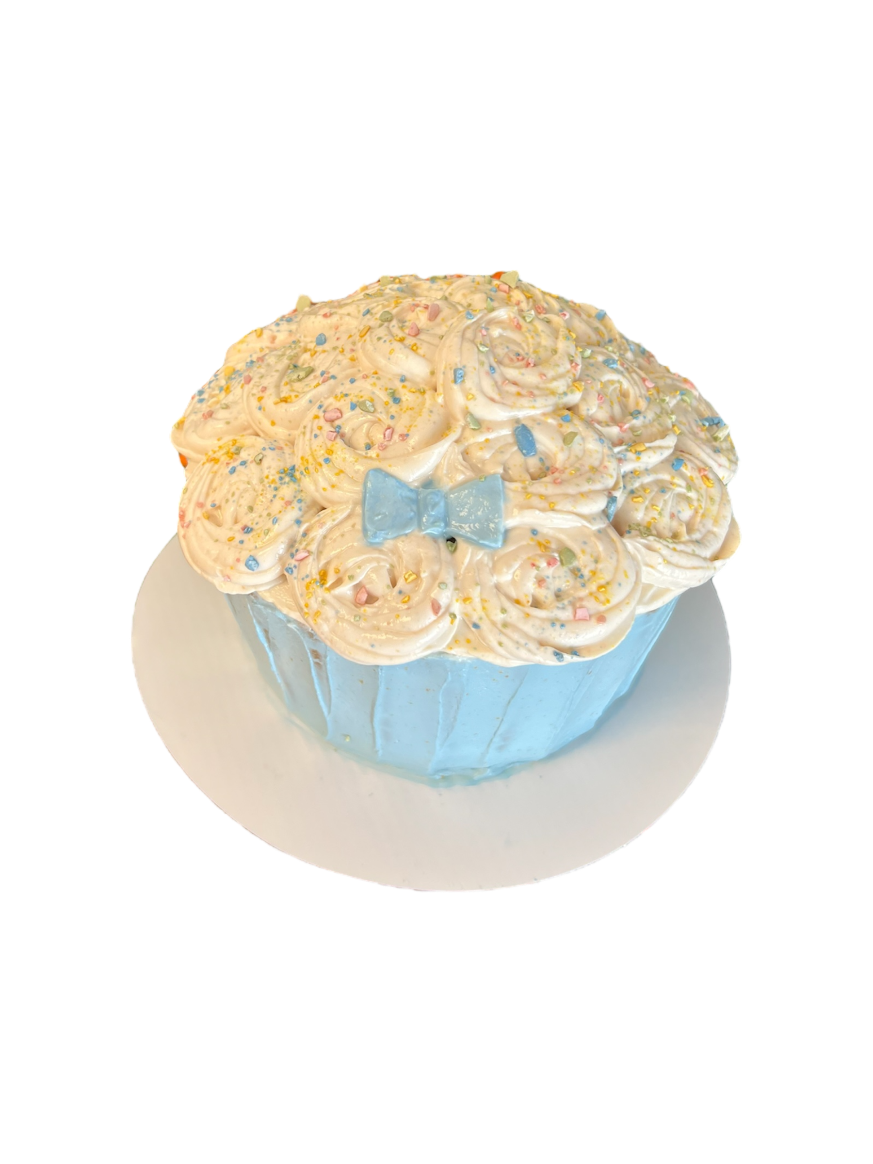 Custom giant cupcake dog cake with swirled frosting, pastel sprinkles, and blue bow from The Barkery Las Vegas handmade pet birthday cake.