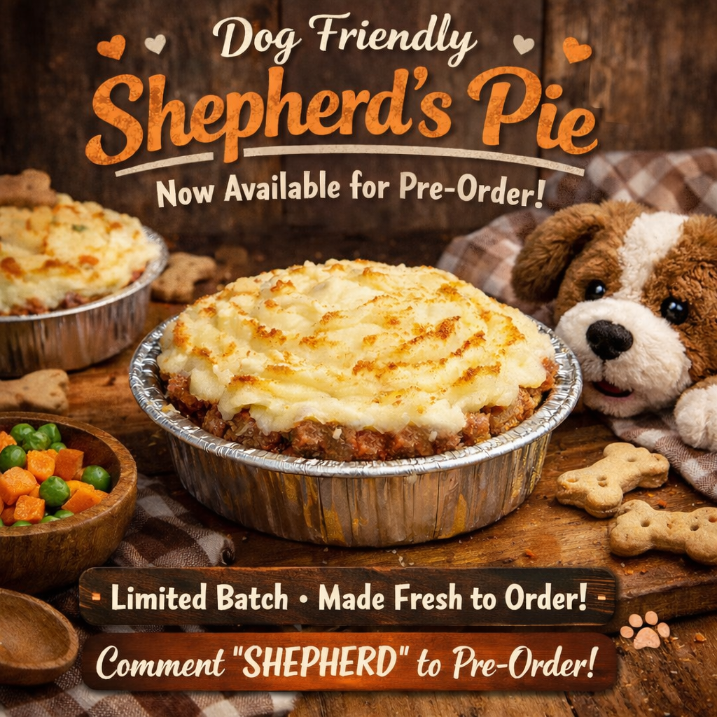 4 inch dog friendly shepherd’s pie with mashed potato topping in tin, preorder meal for dogs from The Barkery