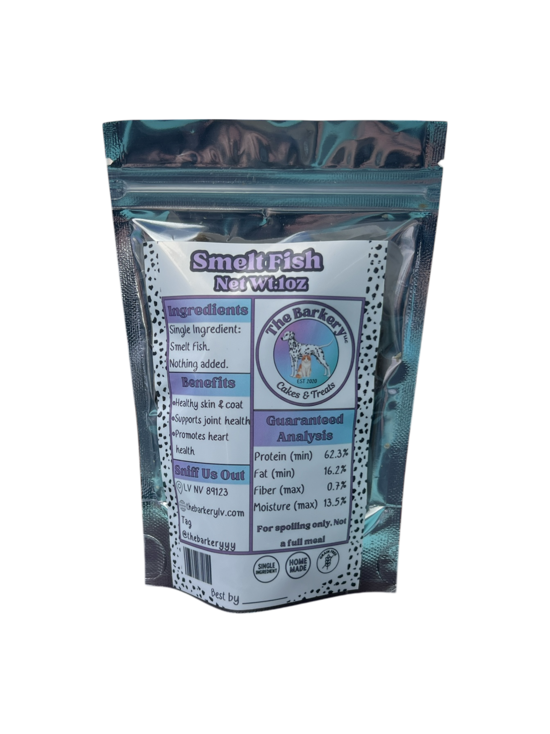 Single ingredient smoked fish dog treats in a resealable 