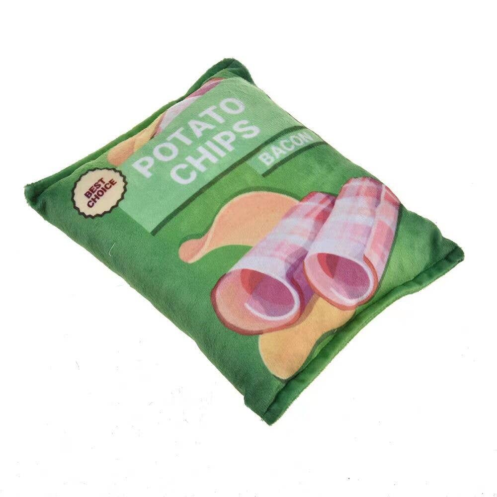 Cheerhunting bacon chips dog toy designed like a bag of potato chips for playful pups