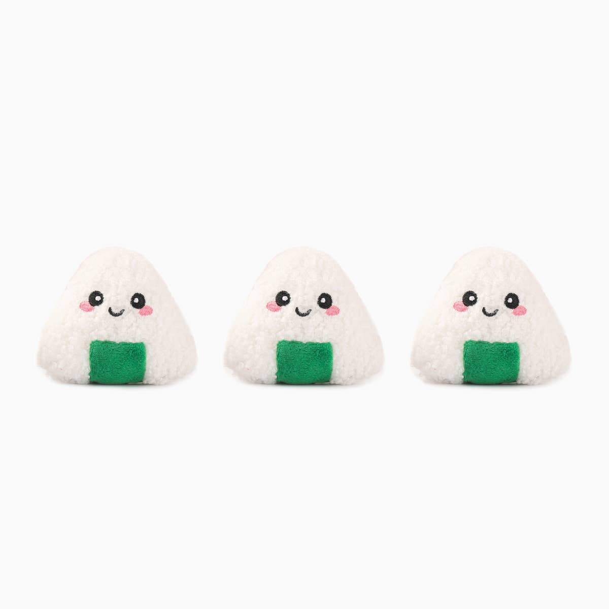 Cute Bento Box dog toy set featuring three smiling rice ball plush toys for playful dogs
