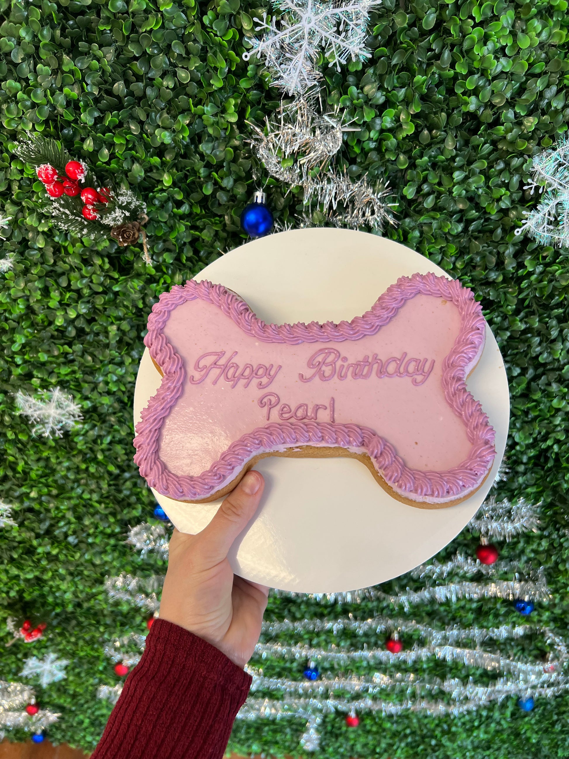 Bone Dog Cake with pink icing and Happy Birthday message for dogs from The Barkery LLC
