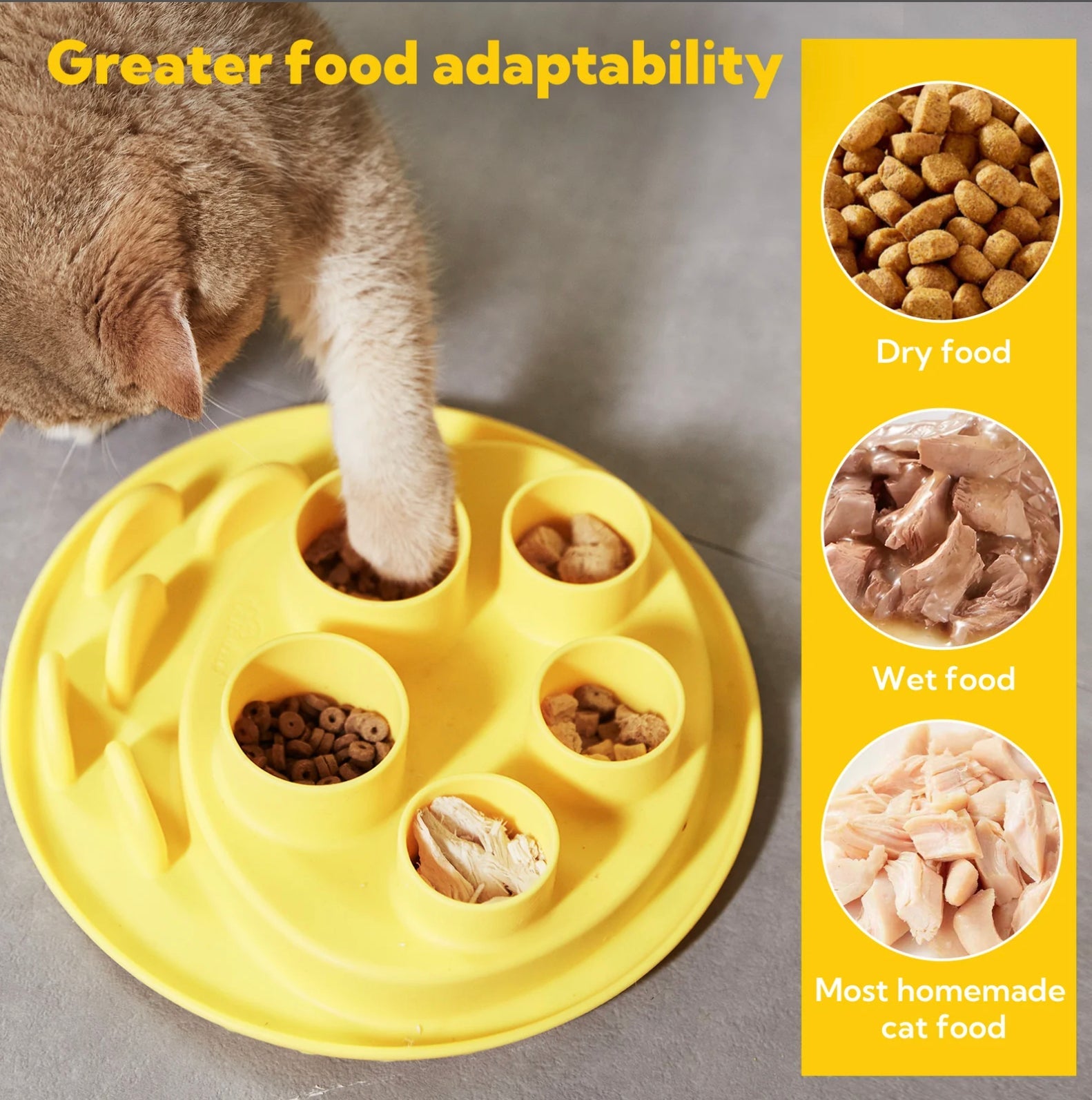 Yellow cat feeding puzzle designed for dry, wet, and homemade cat food with multiple compartments