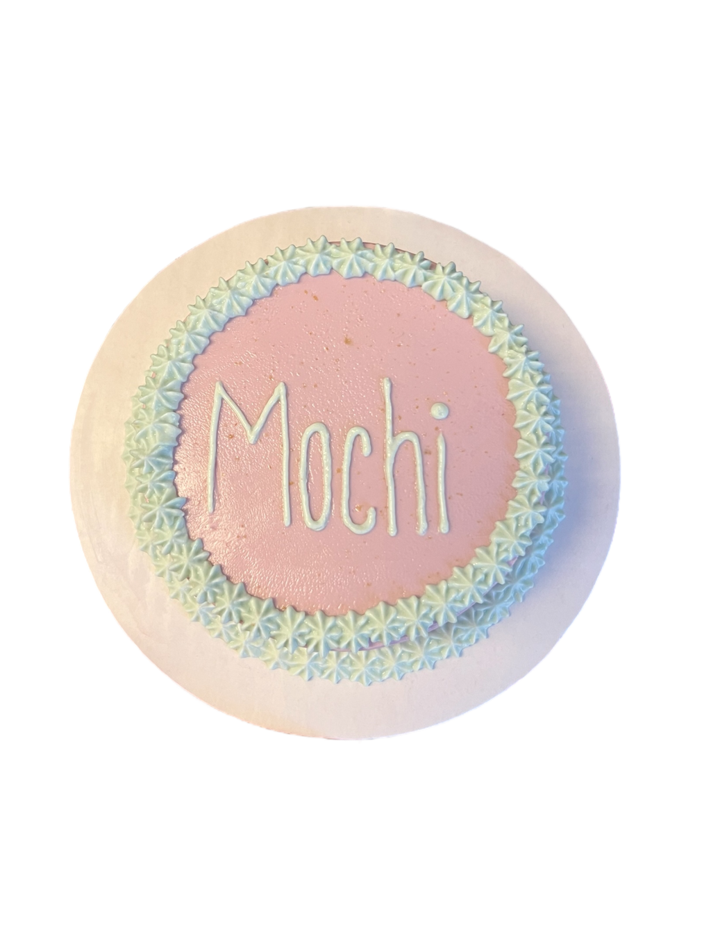 Circle dog birthday cake from The Barkery LLC decorated with pastel frosting and the name Mochi