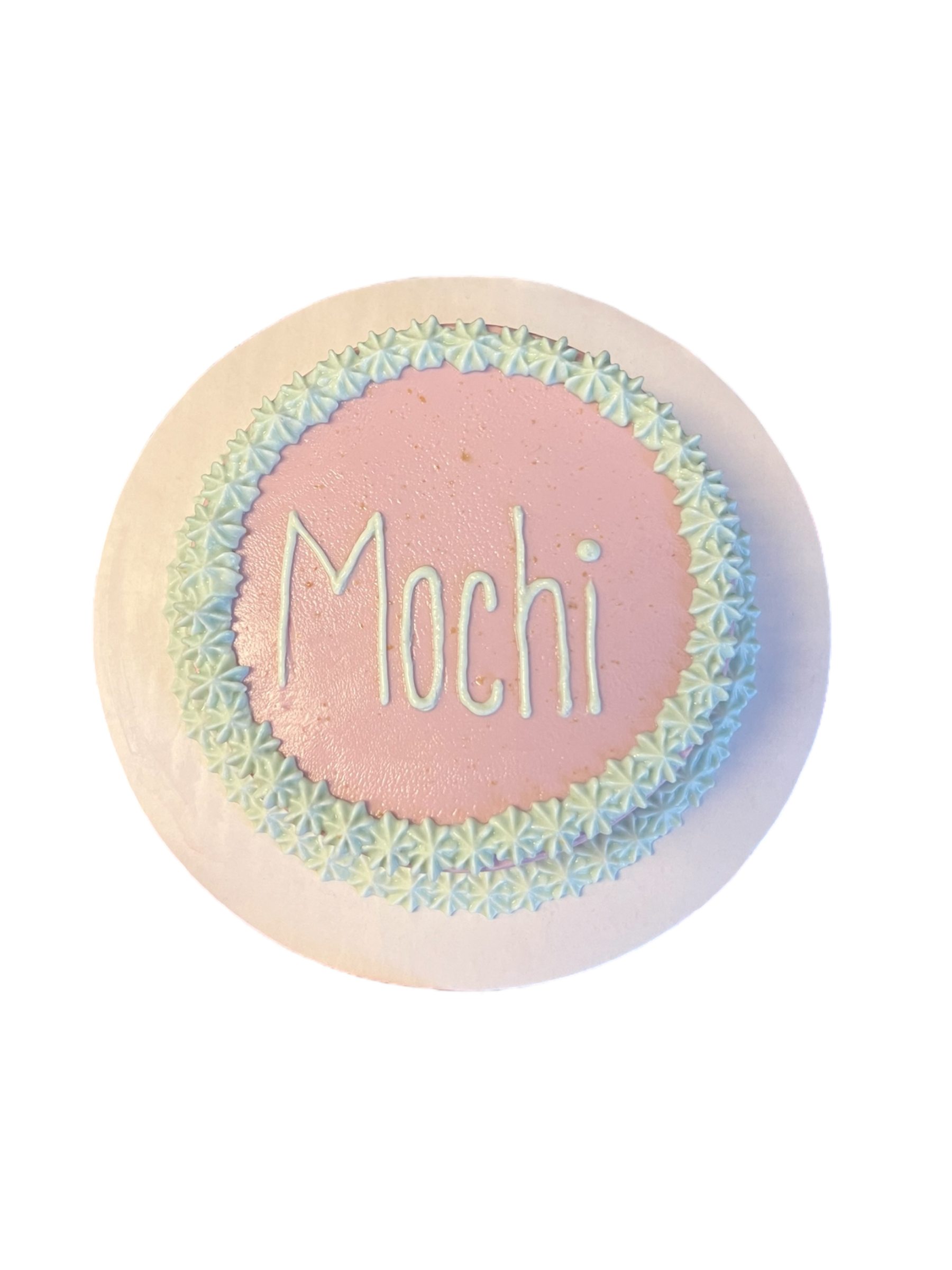 Circle dog birthday cake from The Barkery LLC decorated with pastel frosting and the name Mochi