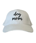 White dog mom hat with black embroidered lettering, perfect for dog lovers