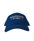 Blue cap with the phrase easily distracted by dogs in colorful embroidery and paw prints