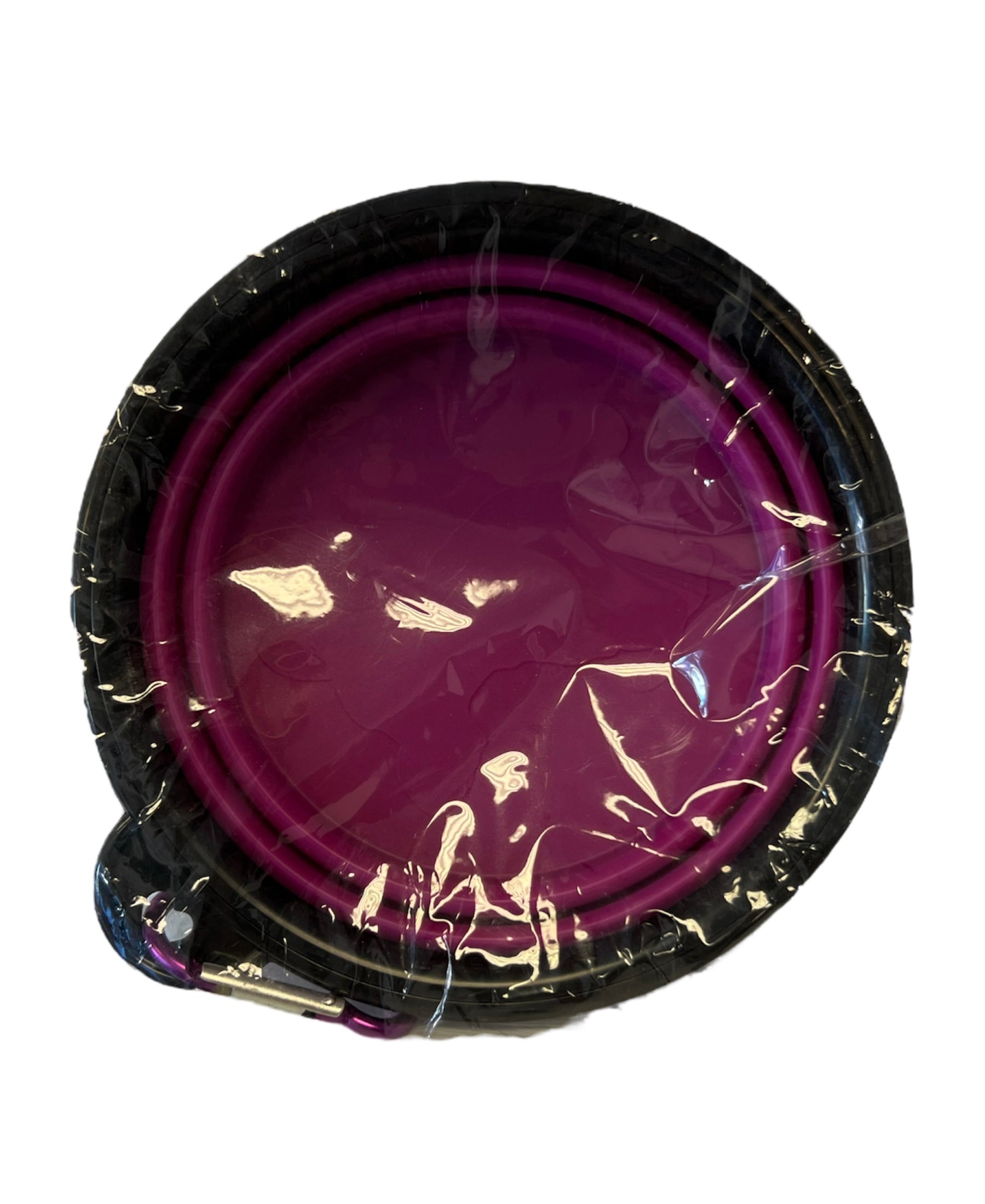 Foldable dog water bowl in purple and black with a compact design for easy travel