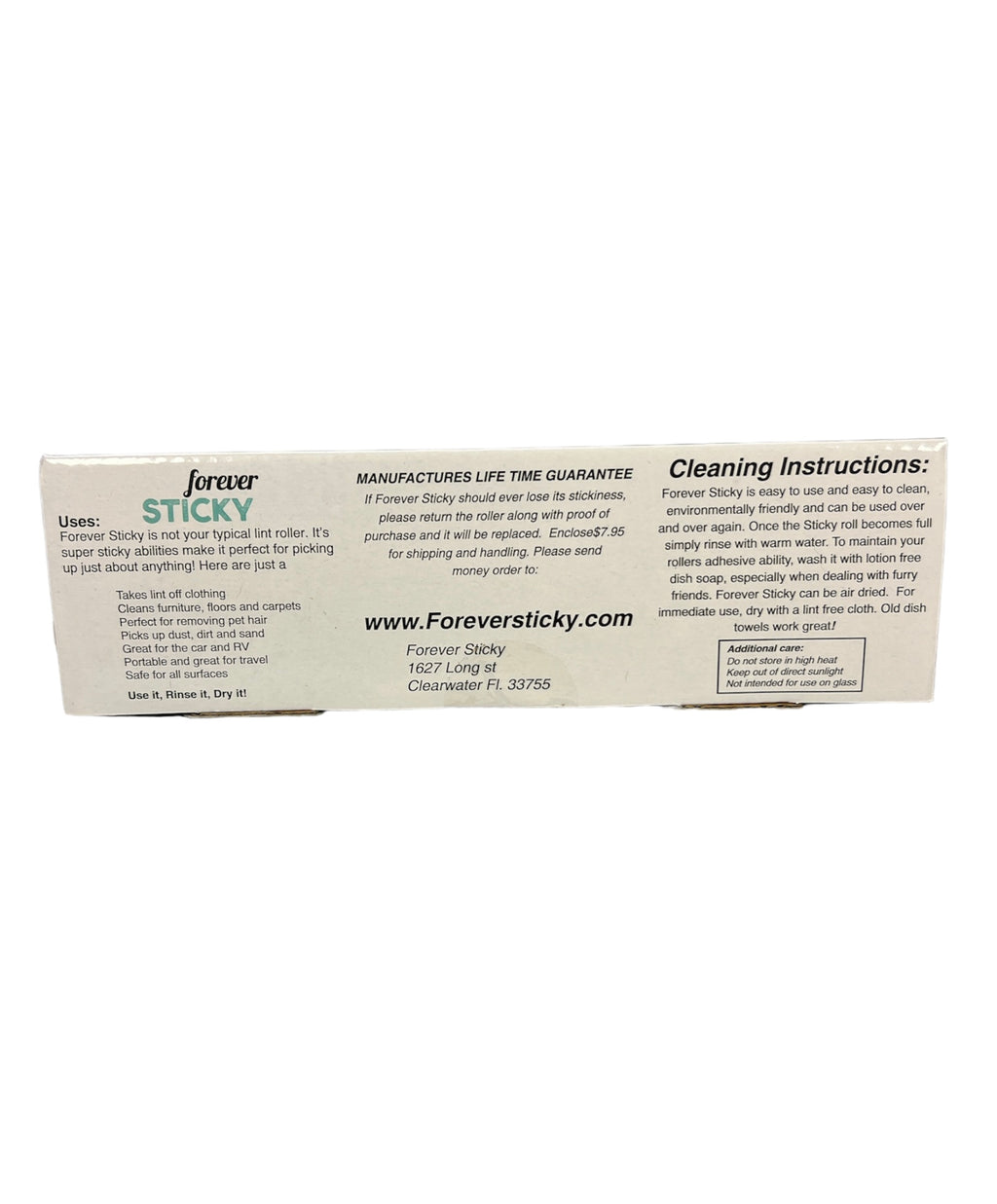 Forever Sticky Cleaning Instructions for large sticky roller with usage and care details