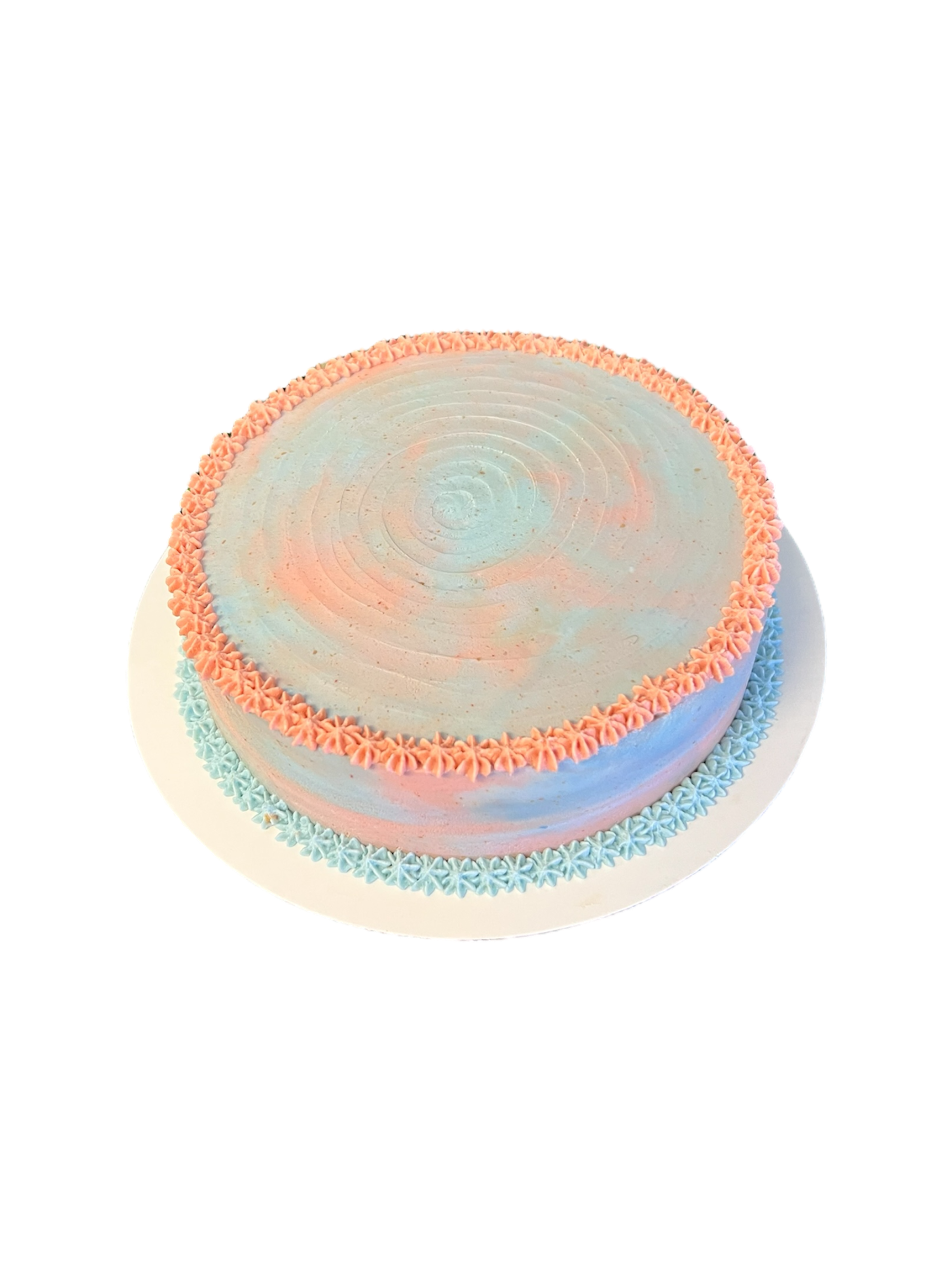 The Barkery LLC pastel pink and blue frosting gender reveal dog cake with decorative piped edges