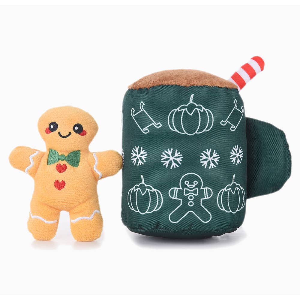 Gingerbread latte dog toy set featuring plush gingerbread man and coffee cup design