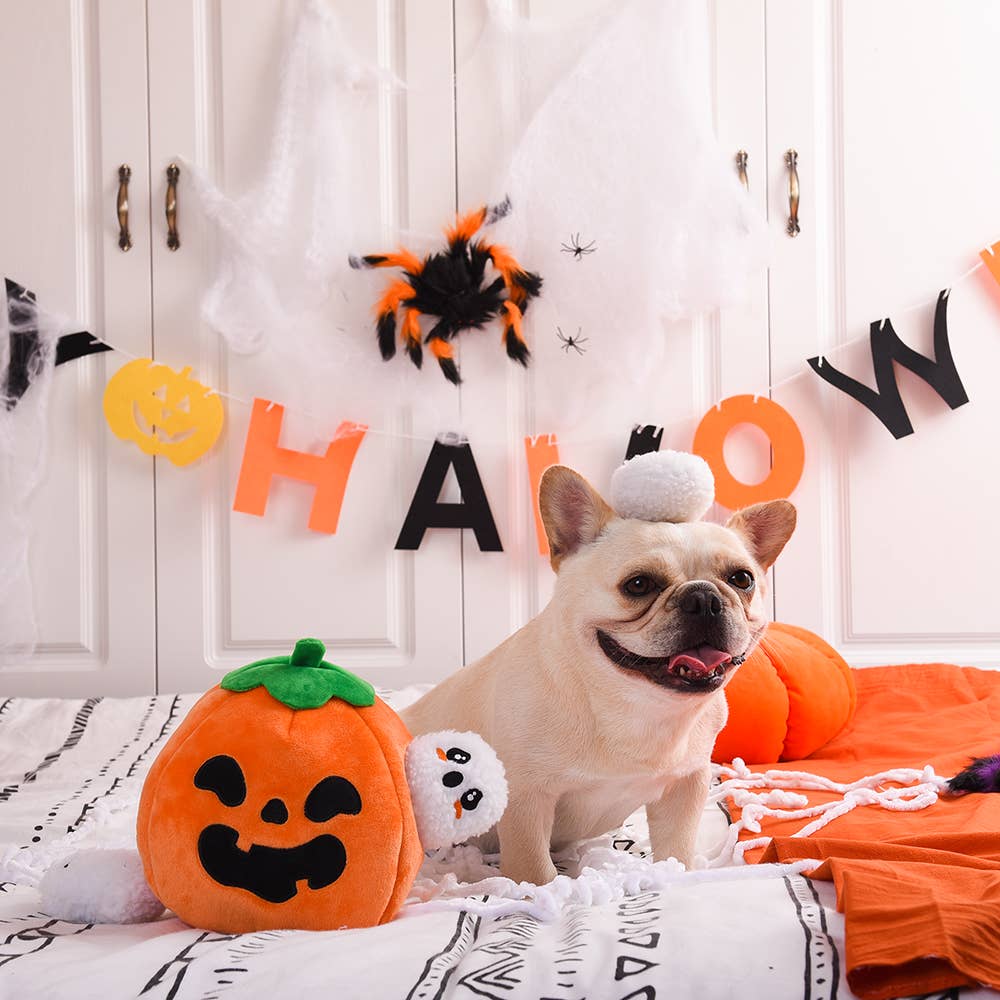 Cute Halloween dog plush toy set including a pumpkin and ghost for festive fun