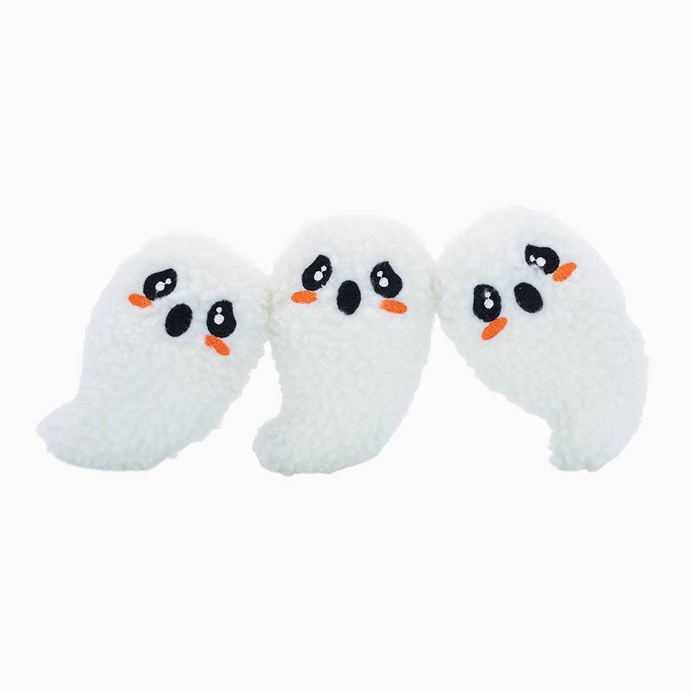 Halloween dog plush toy featuring three friendly ghost designs with cute facial expressions