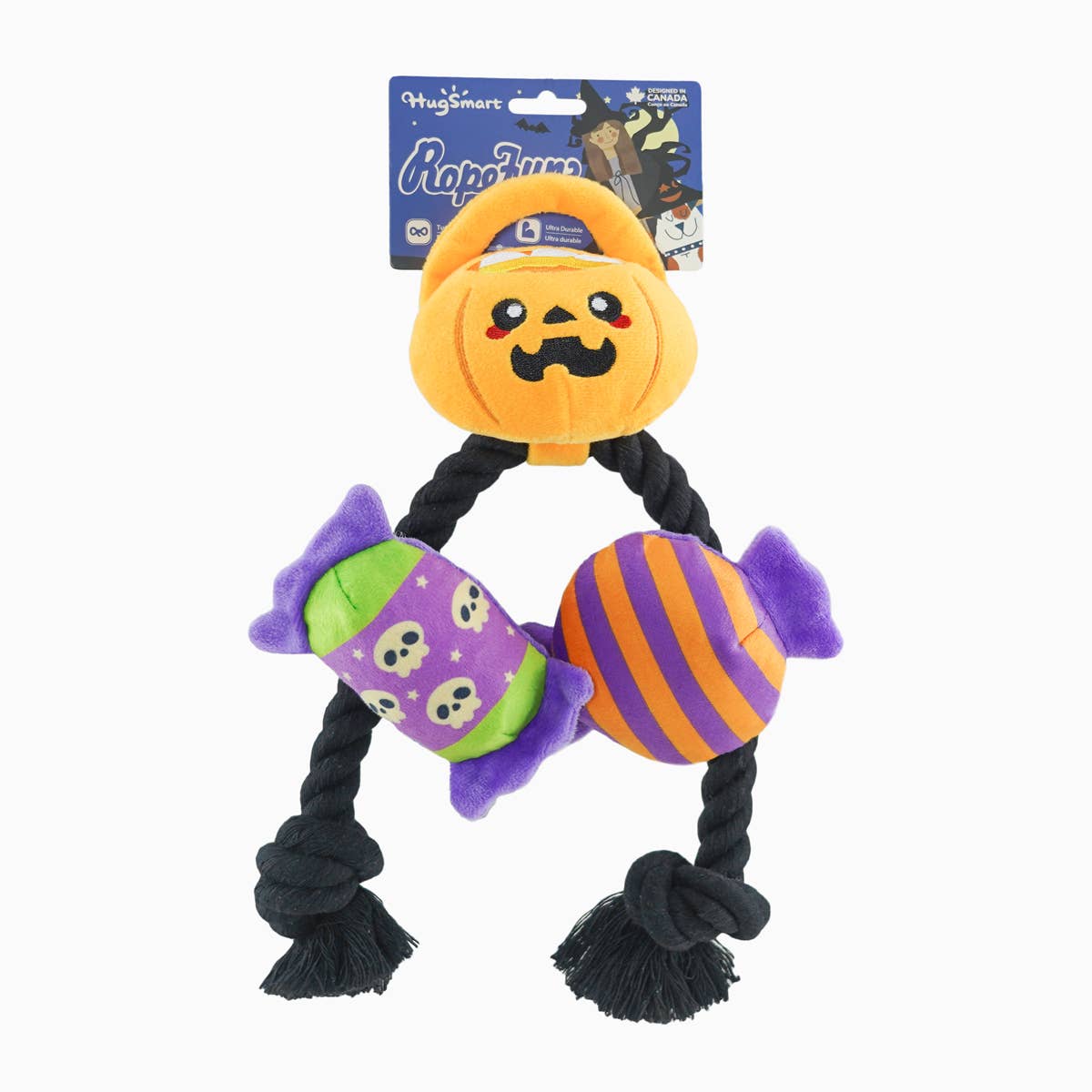 Hugsmart Halloween dog toy featuring a pumpkin and candy plush design with rope for tugging fun