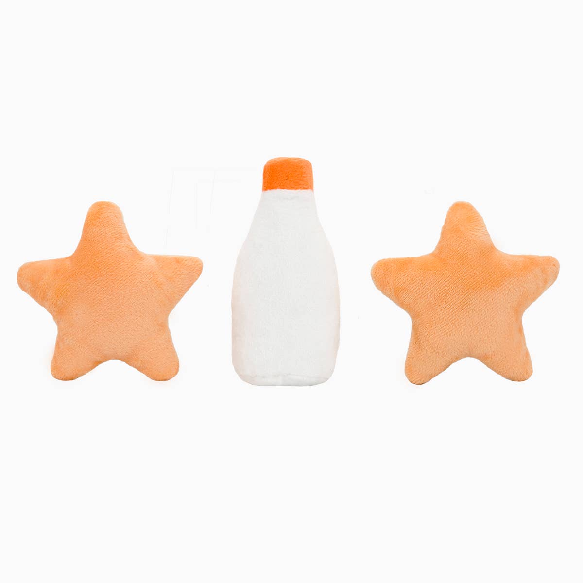 Hugsmart holiday dog toy bundle featuring two star toys and a bottle for festive playtime