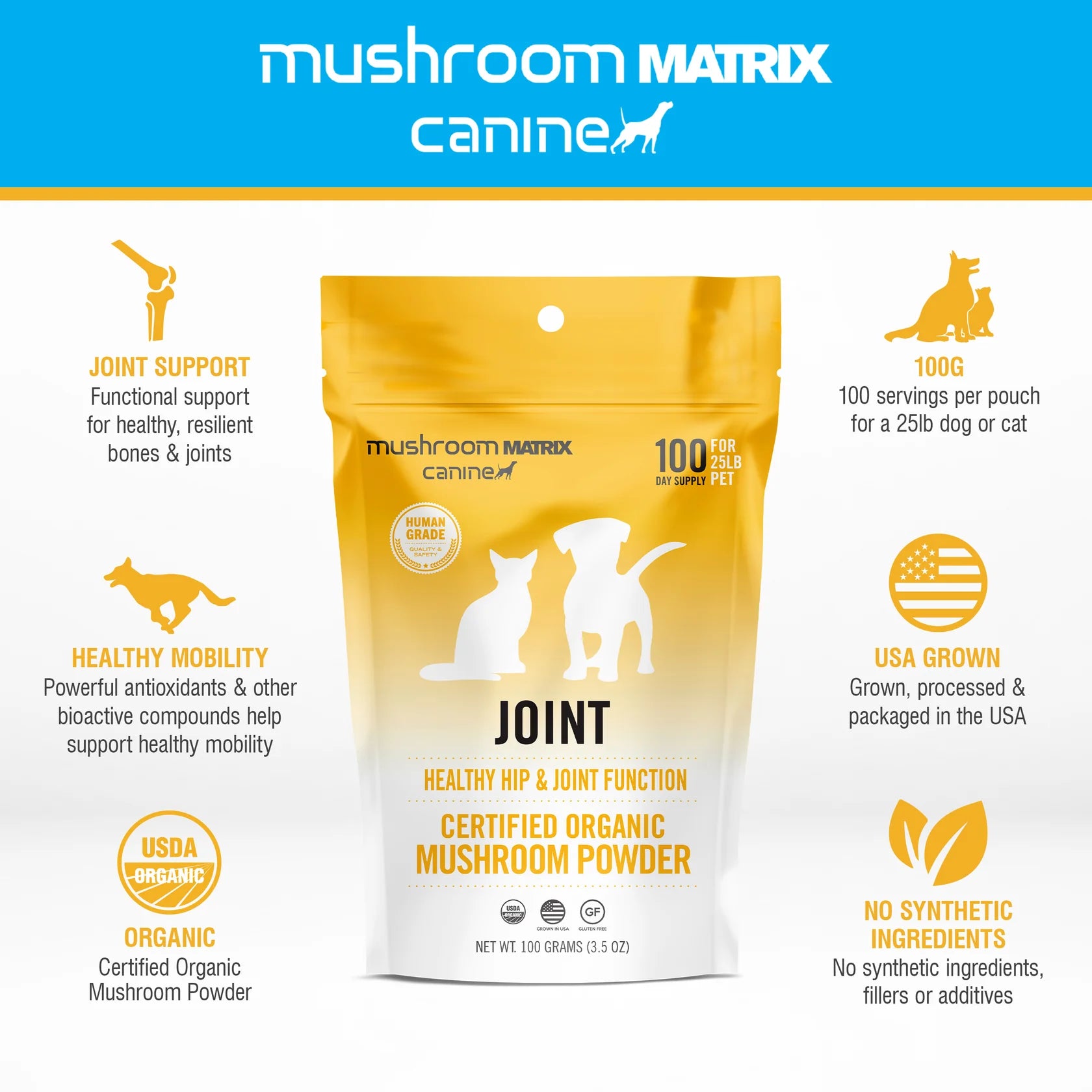 Mushroom Matrix organic dog joint supplement certified organic mushroom powder for healthy hip and joint function