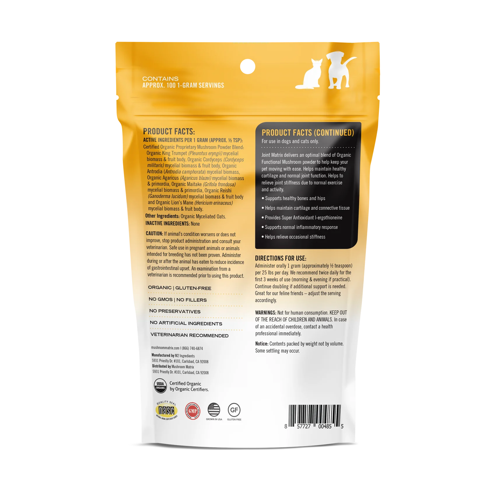 Mushroom Matrix organic dog joint supplement pouch with detailed product facts and usage instructions on back