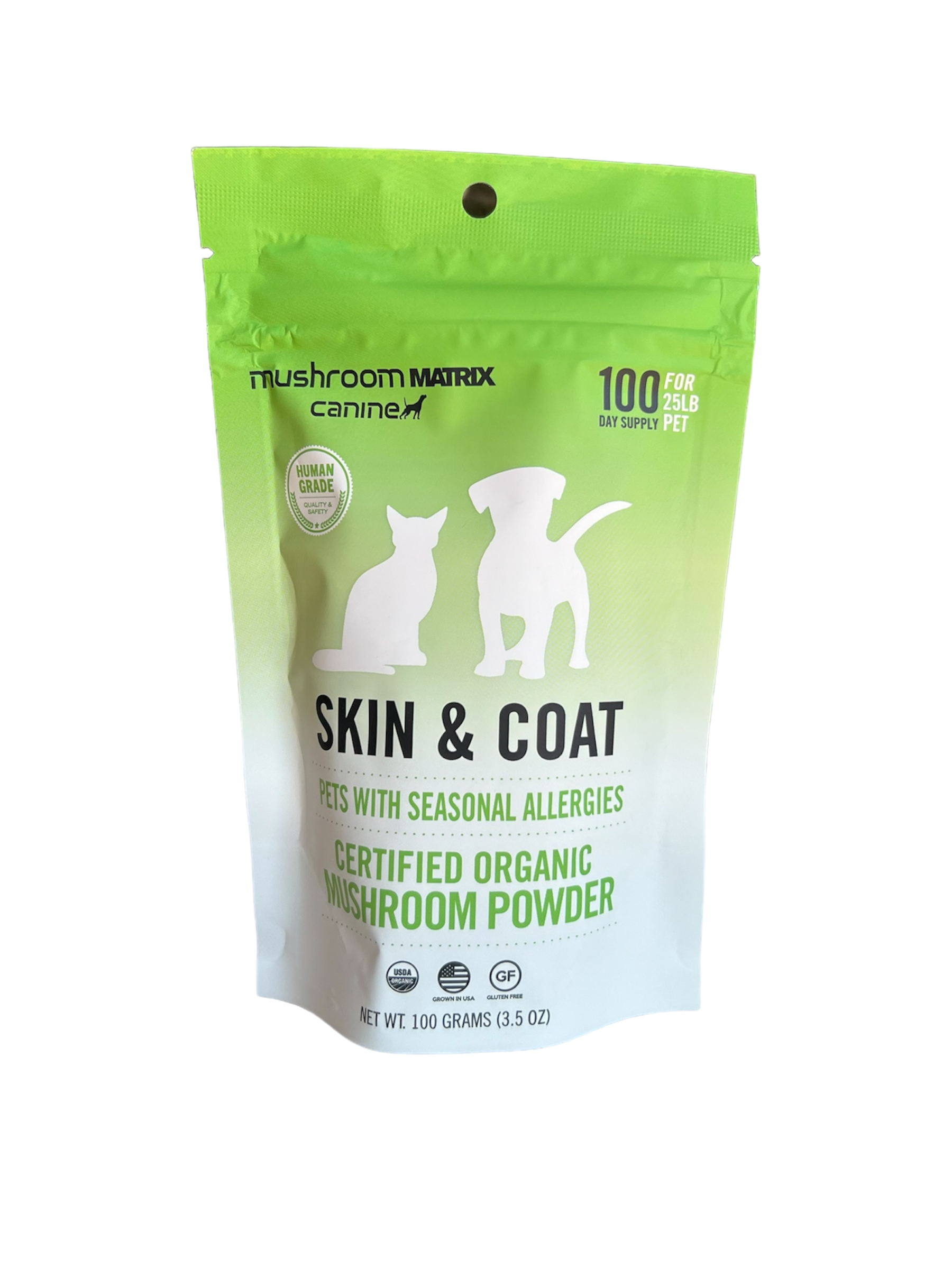 Mushroom Matrix certified organic dog skin supplement with mushroom powder for skin and coat health