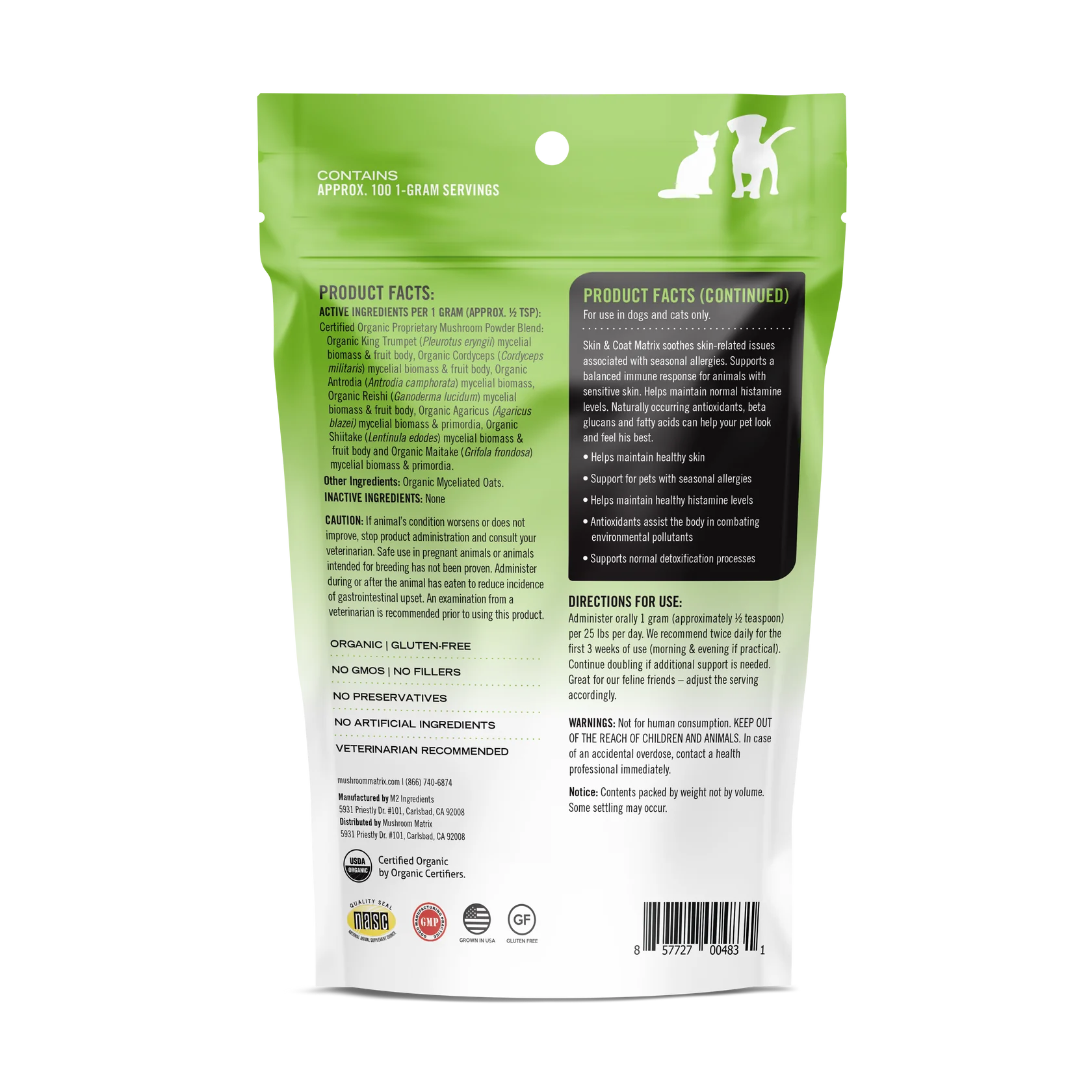 Back of Mushroom Matrix vitamins and supplements package with organic dog skin supplement facts and directions
