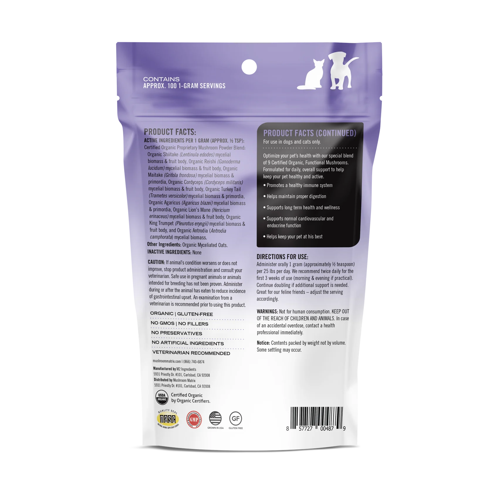 Mushroom Matrix organic mushroom dog supplement bag with detailed product facts and usage instructions