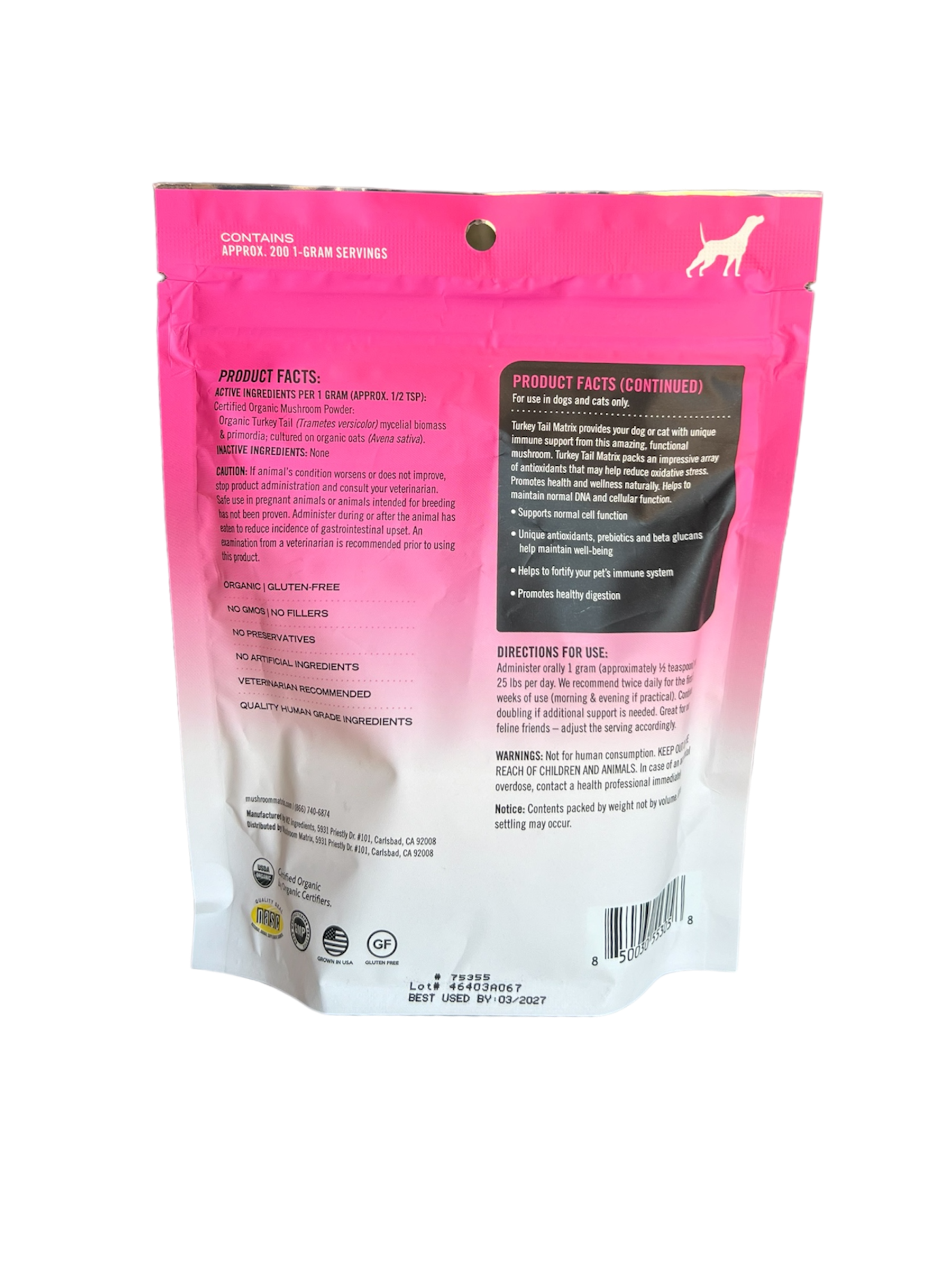 Back of Mushroom Matrix package showing product facts and directions for Turkey Tail mushroom for dogs supplement