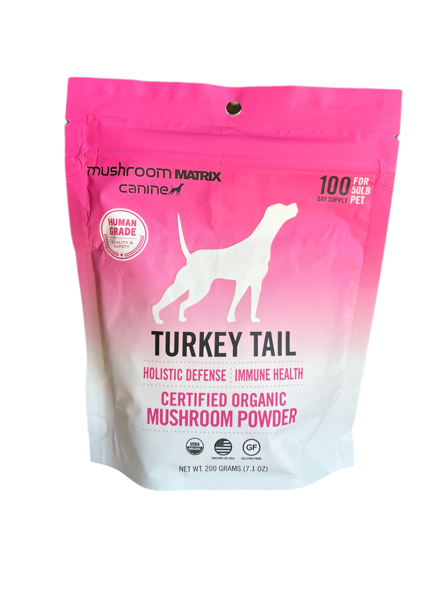 Turkey Tail mushroom for dogs certified organic mushroom powder by Mushroom Matrix in pink resealable pouch