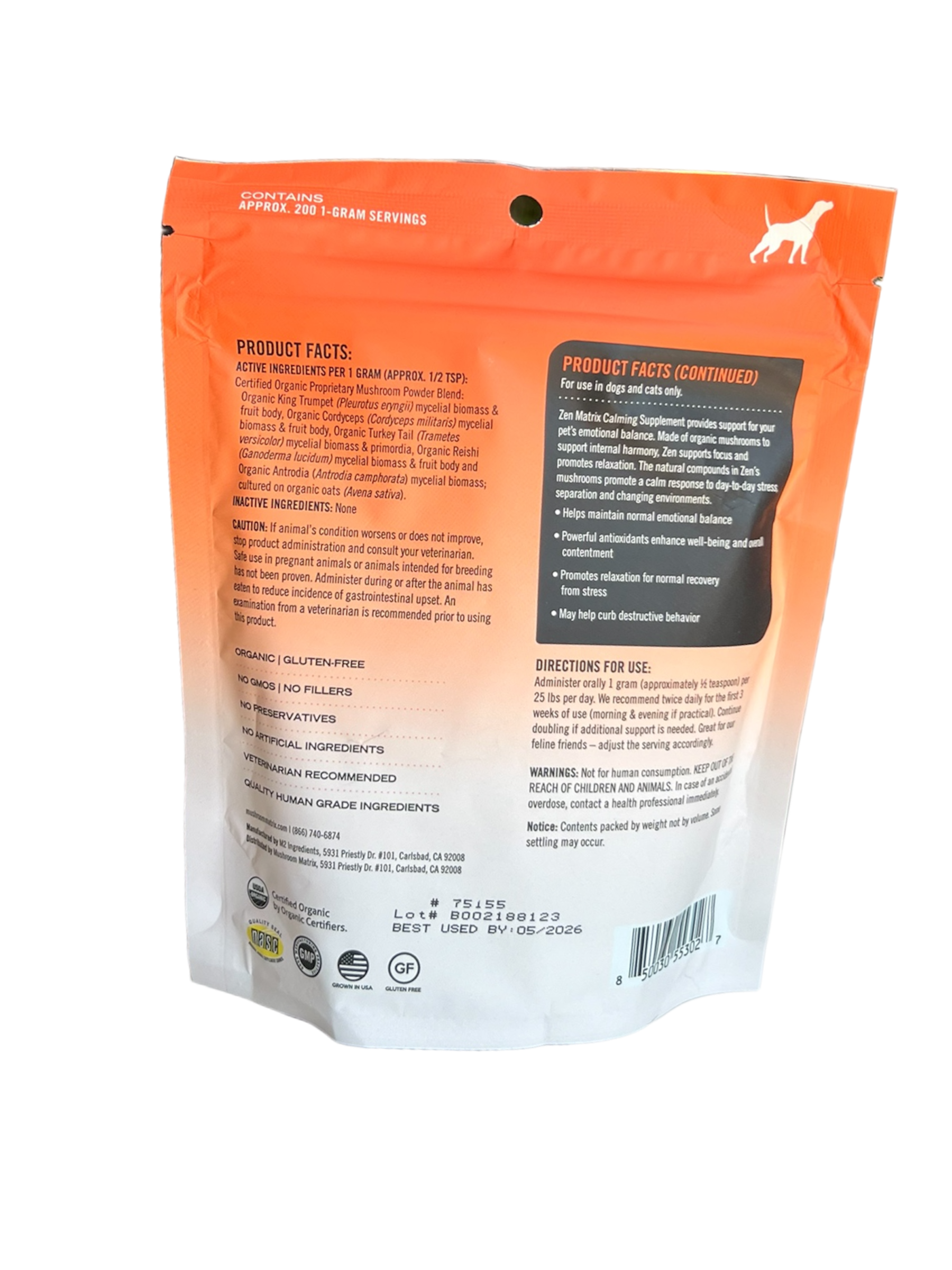 Mushroom Matrix organic dog calming supplement in orange and white resealable pouch