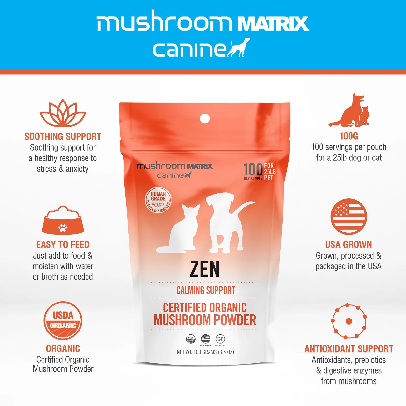 Mushroom Matrix Zen certified organic dog calming supplement powder for stress and anxiety support