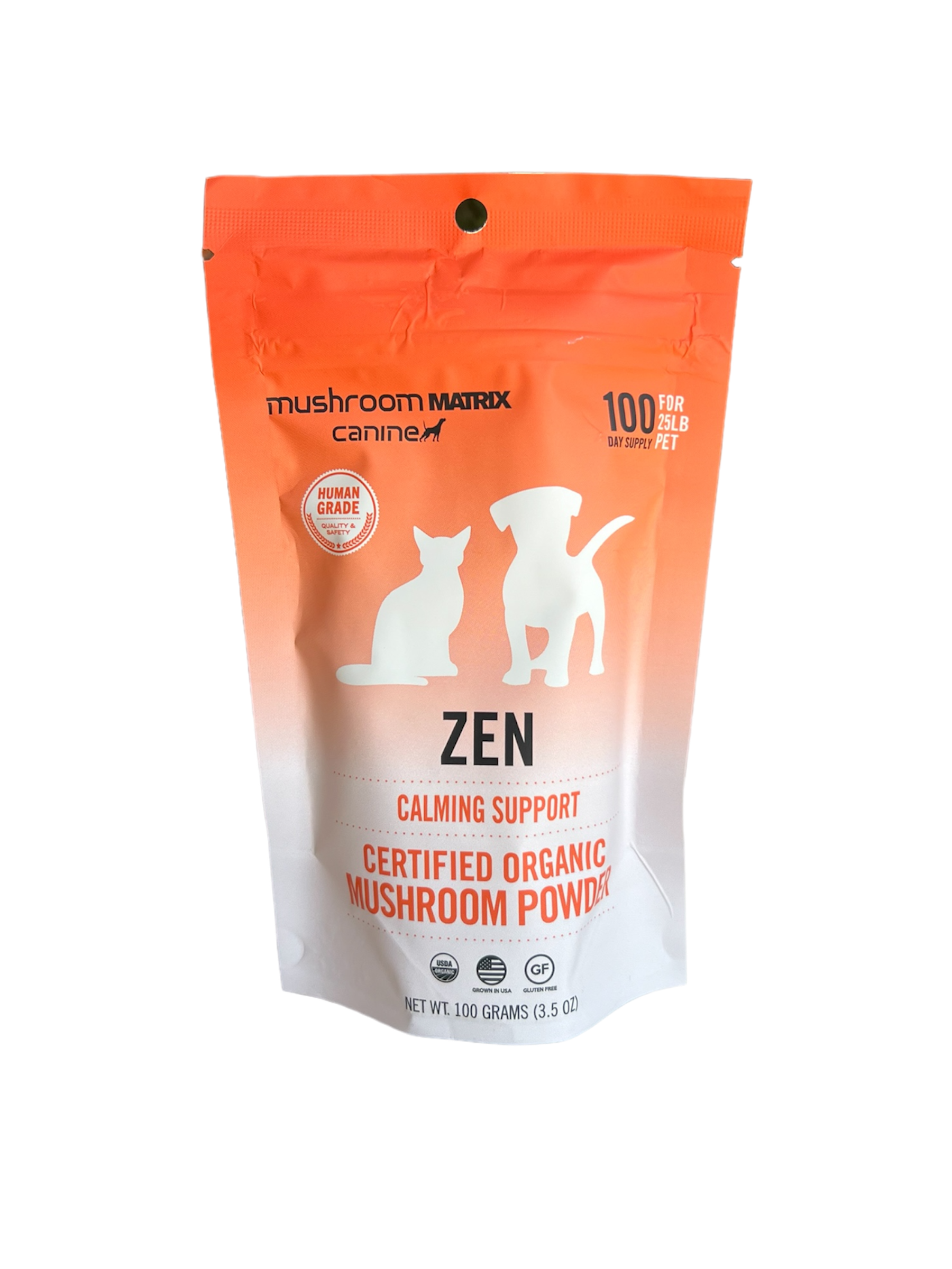 Mushroom Matrix organic dog calming supplement Zen certified organic mushroom powder in resealable pouch