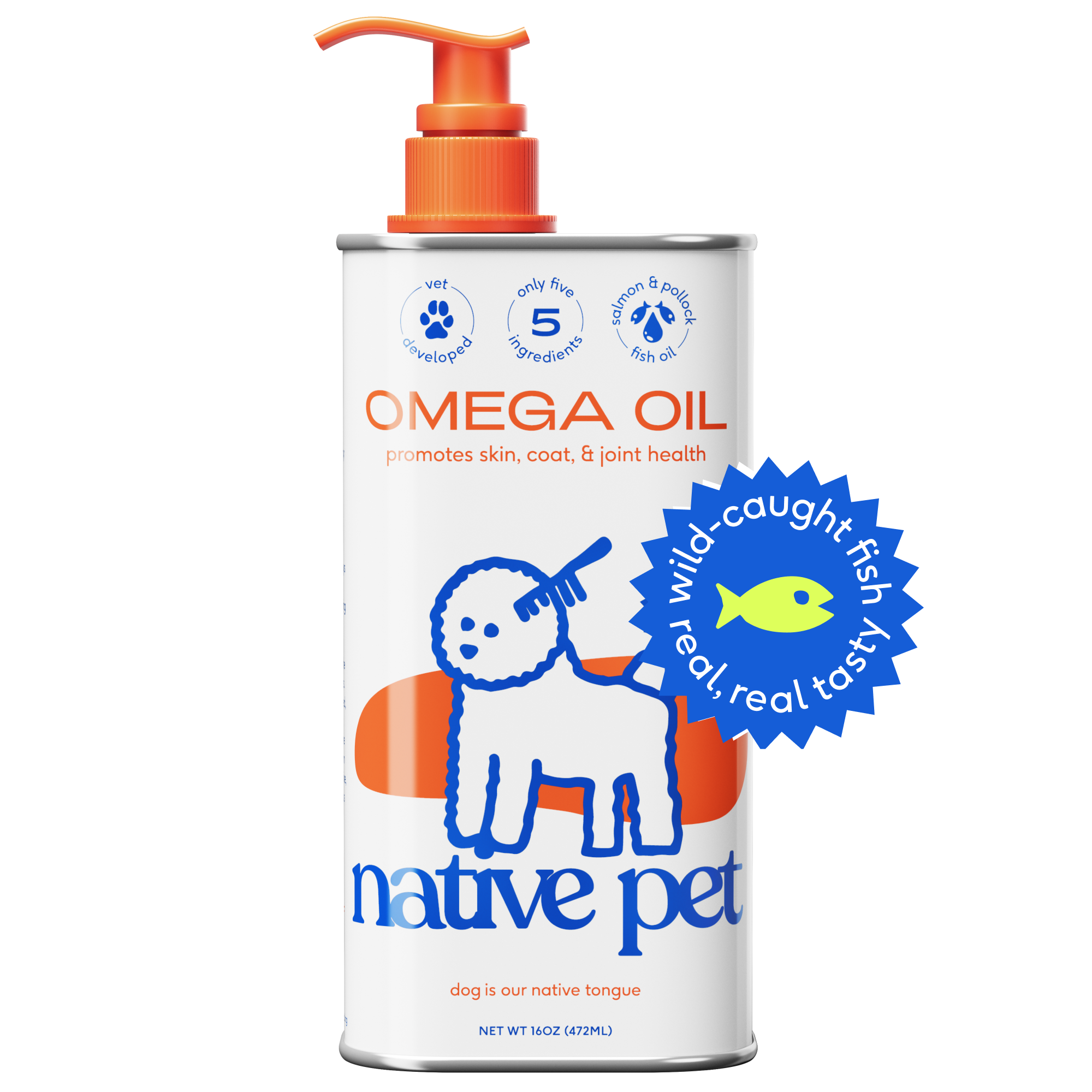 Native Pet Omega Oil for Dogs in a pump bottle promoting skin, coat, and joint health