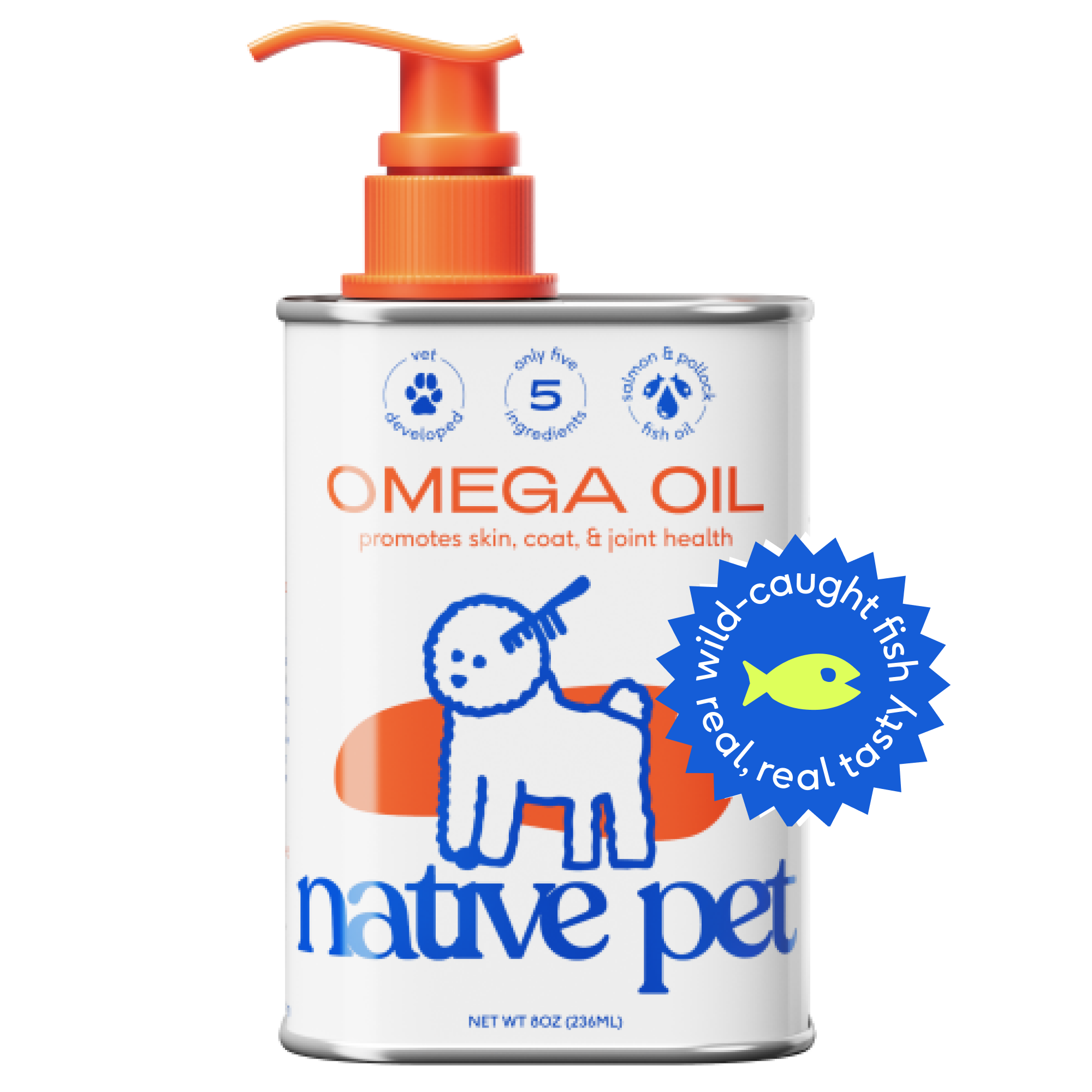 Native Pet Omega Oil for Dogs in a pump bottle for promoting skin, coat, and joint health